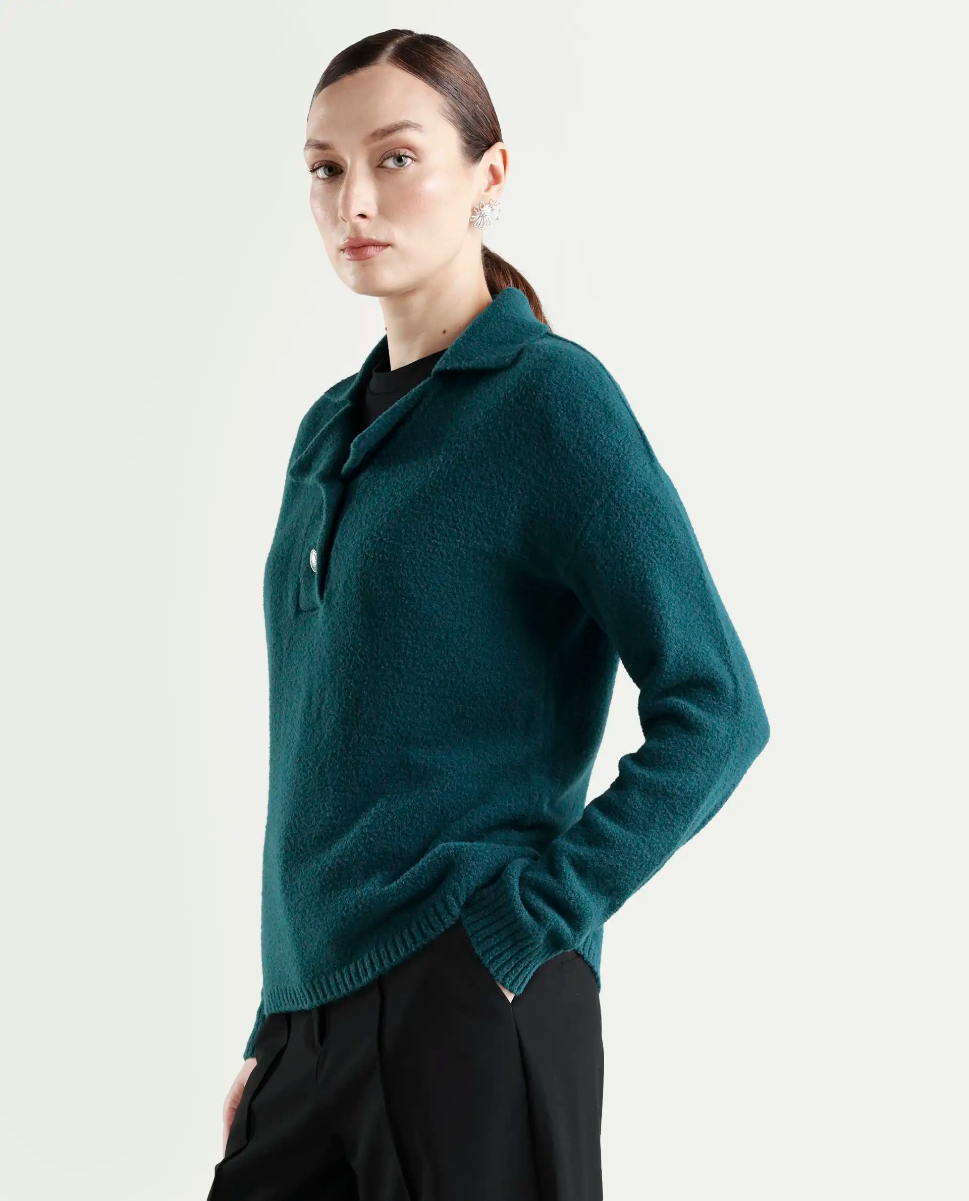 Rareism Women's Sirnak Green Drop Collar Plain Relaxed Fit Sweater