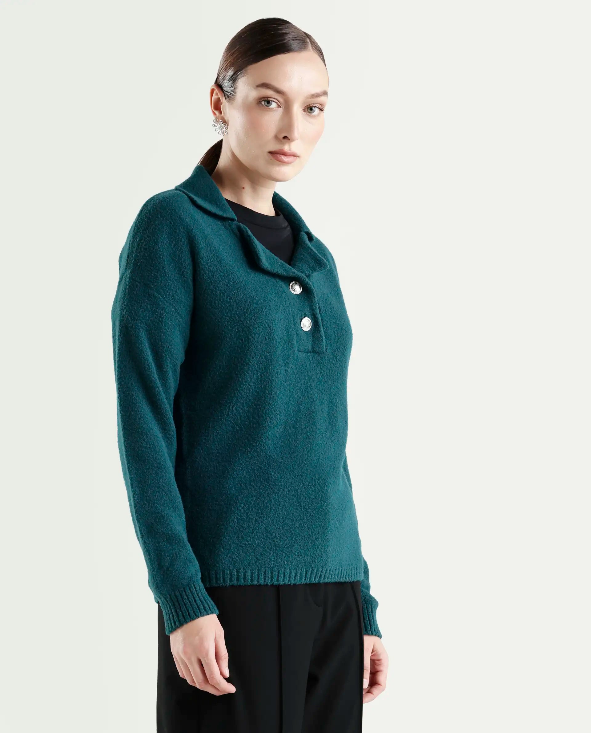 Rareism Women's Sirnak Green Drop Collar Plain Relaxed Fit Sweater