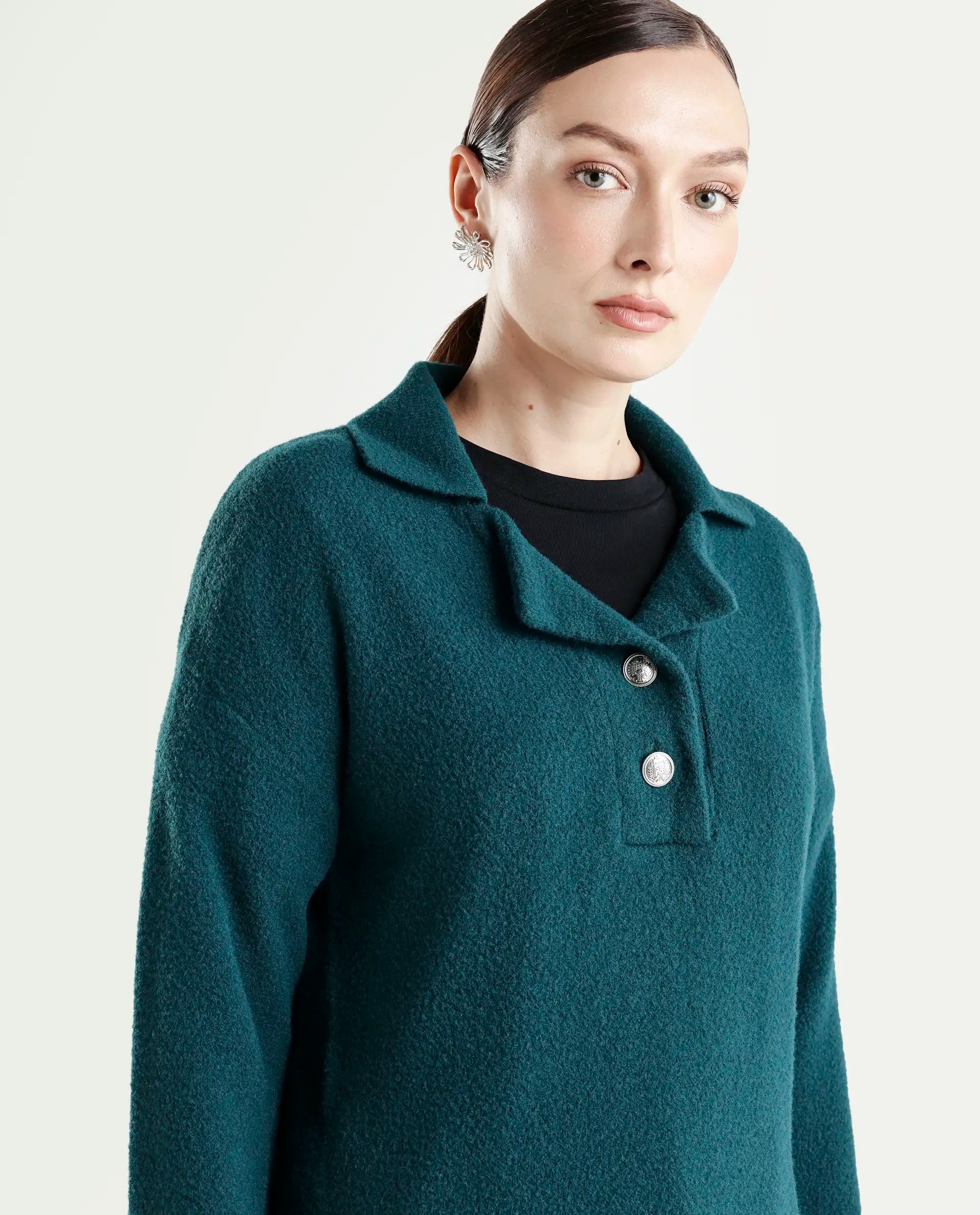 Rareism Women's Sirnak Green Drop Collar Plain Relaxed Fit Sweater