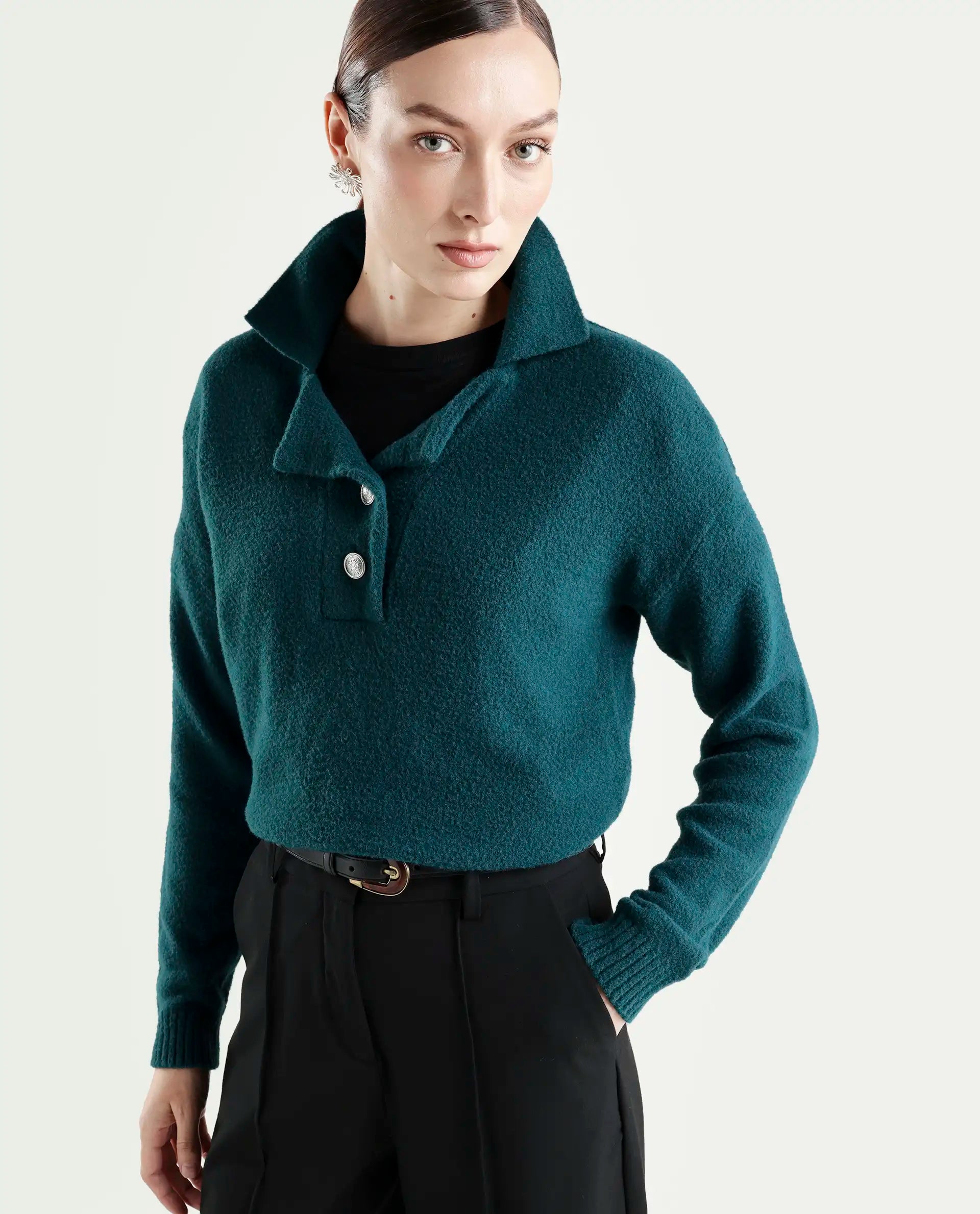 Rareism Women's Sirnak Green Drop Collar Plain Relaxed Fit Sweater