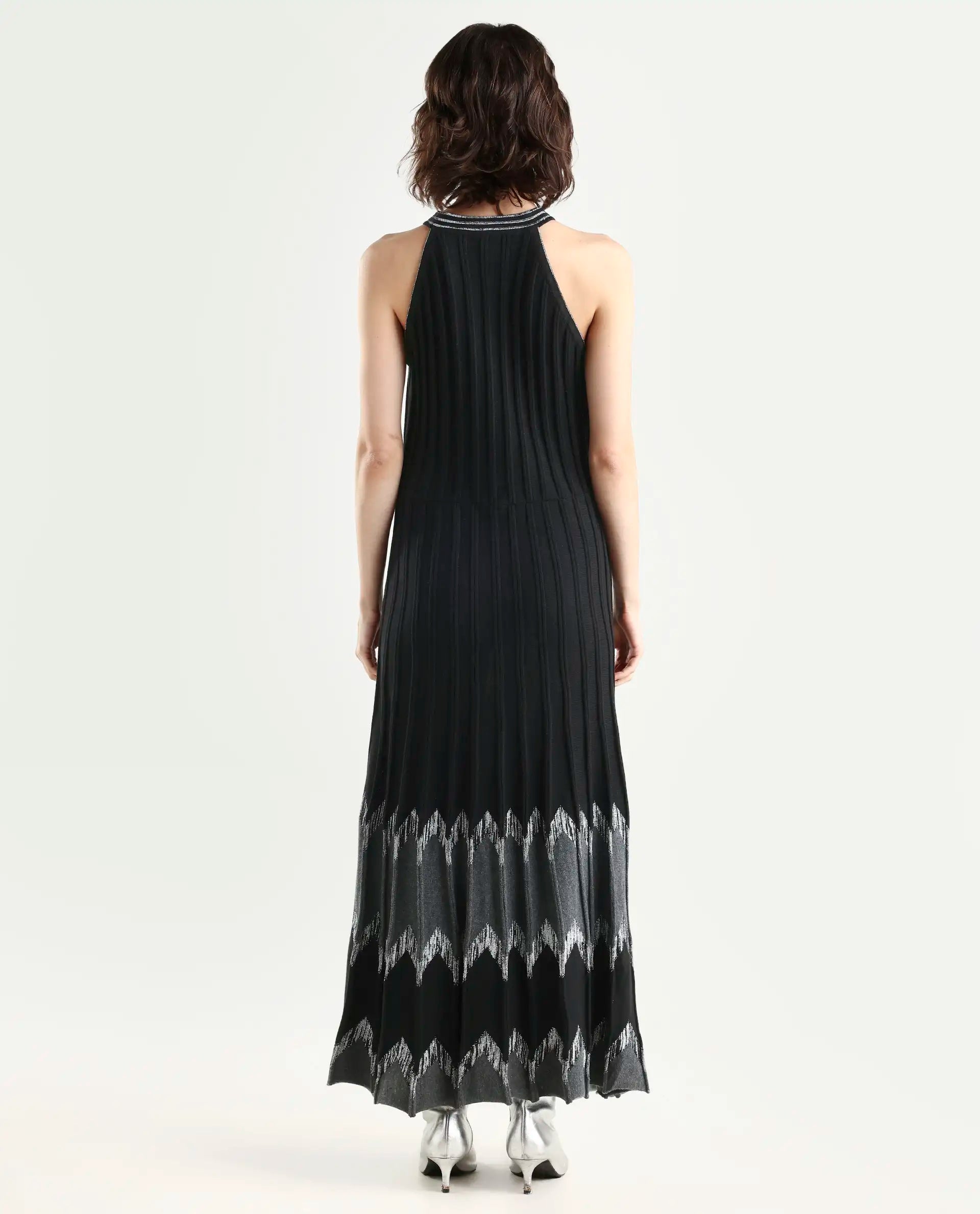 Rareism Women's Veron Black Cotton Halter Neck Plain Sleeveless Midi A-Line Dress