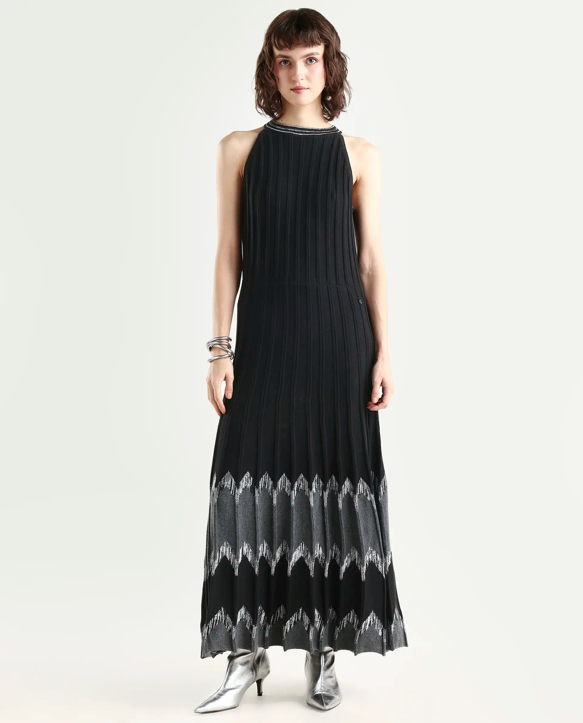Rareism Women's Veron Black Cotton Halter Neck Plain Sleeveless Midi A-Line Dress