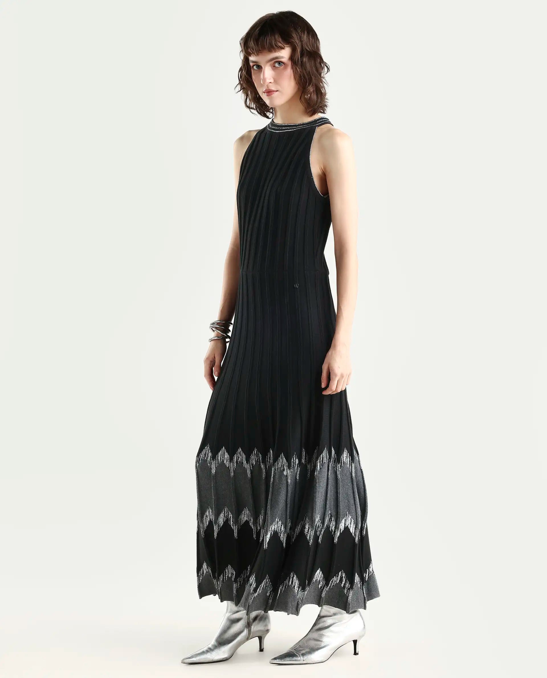 Rareism Women's Veron Black Cotton Halter Neck Plain Sleeveless Midi A-Line Dress