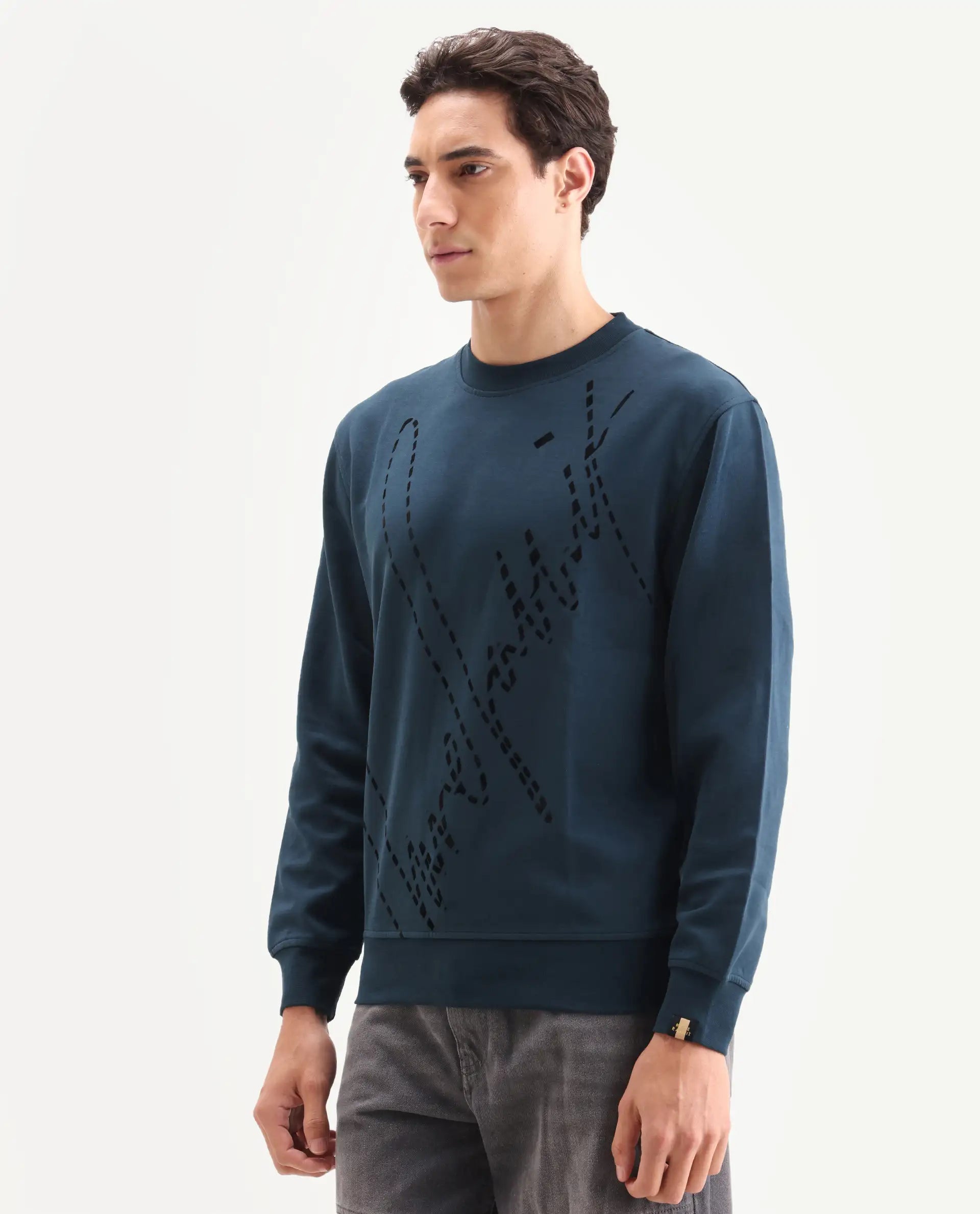 Rare Rabbit Men's Barak Teal Cotton Graphic Print Regular Fit Full Sleeve Crew Neck Sweatshirt