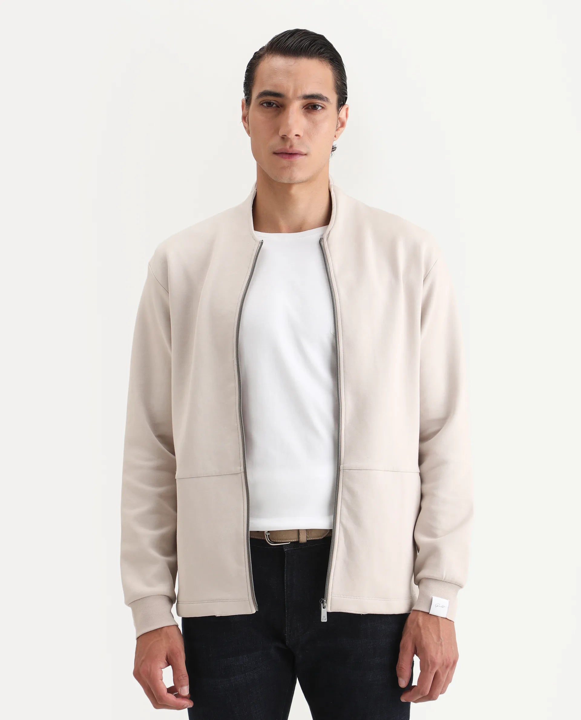 Rare Rabbit Men's Kezi Off White Cotton Blend Plain Regular Fit Full Sleeve High Neck Sweatshirt