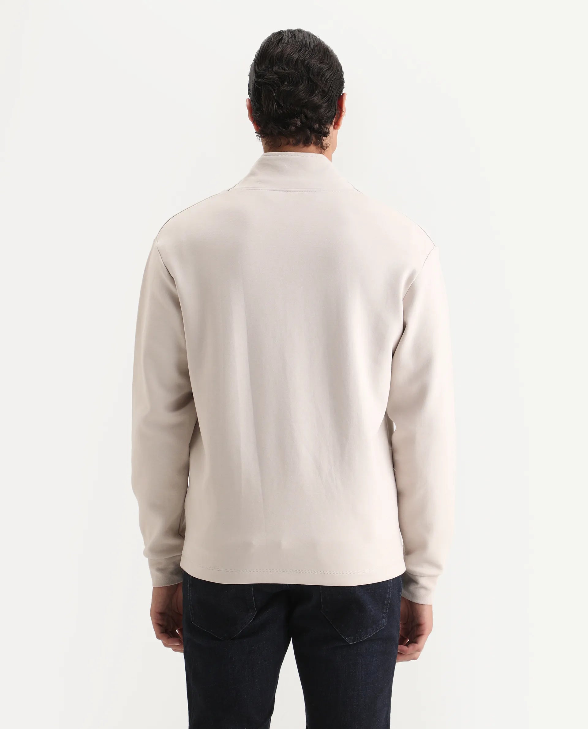 Rare Rabbit Men's Kezi Off White Cotton Blend Plain Regular Fit Full Sleeve High Neck Sweatshirt