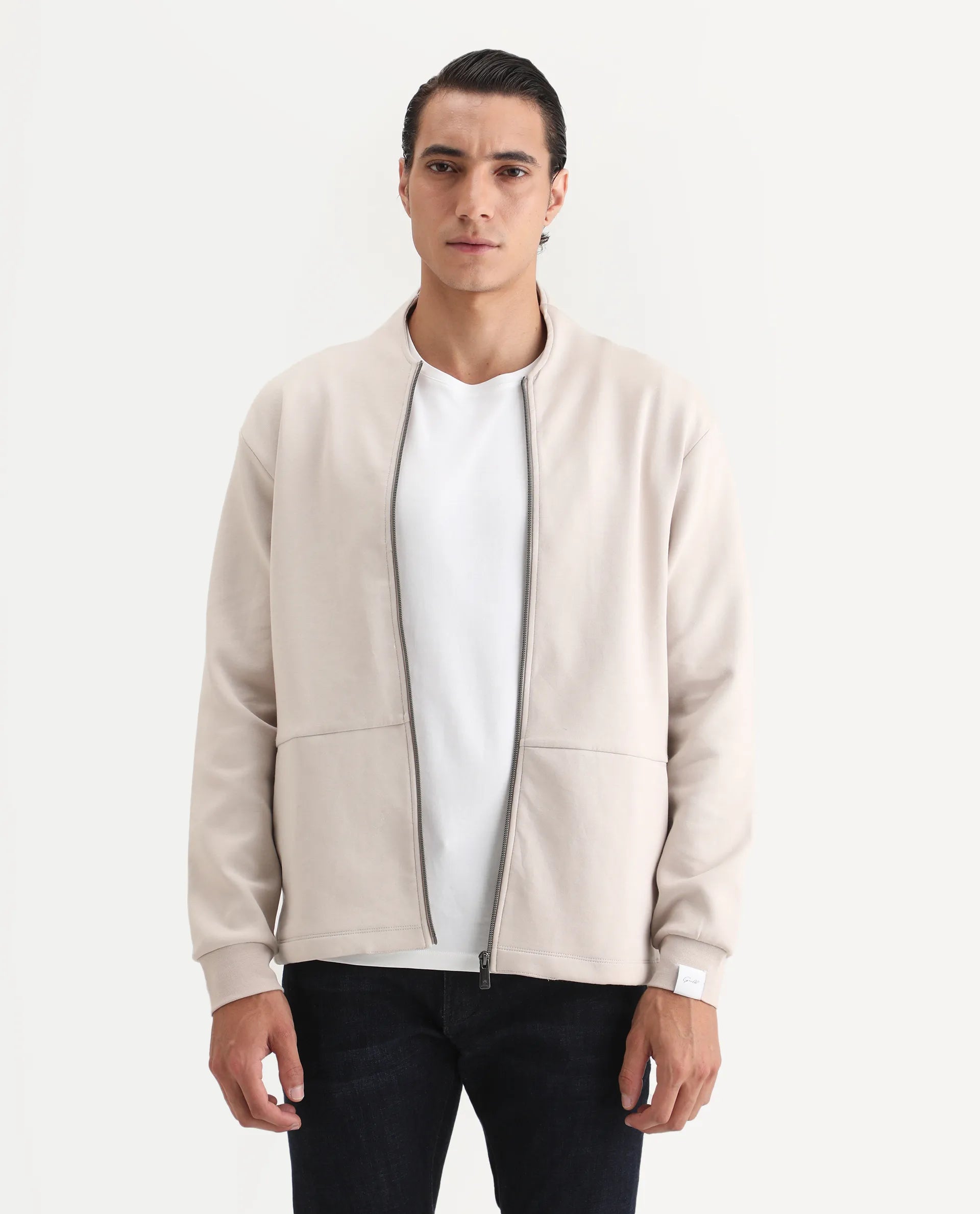 Rare Rabbit Men's Kezi Off White Cotton Blend Plain Regular Fit Full Sleeve High Neck Sweatshirt