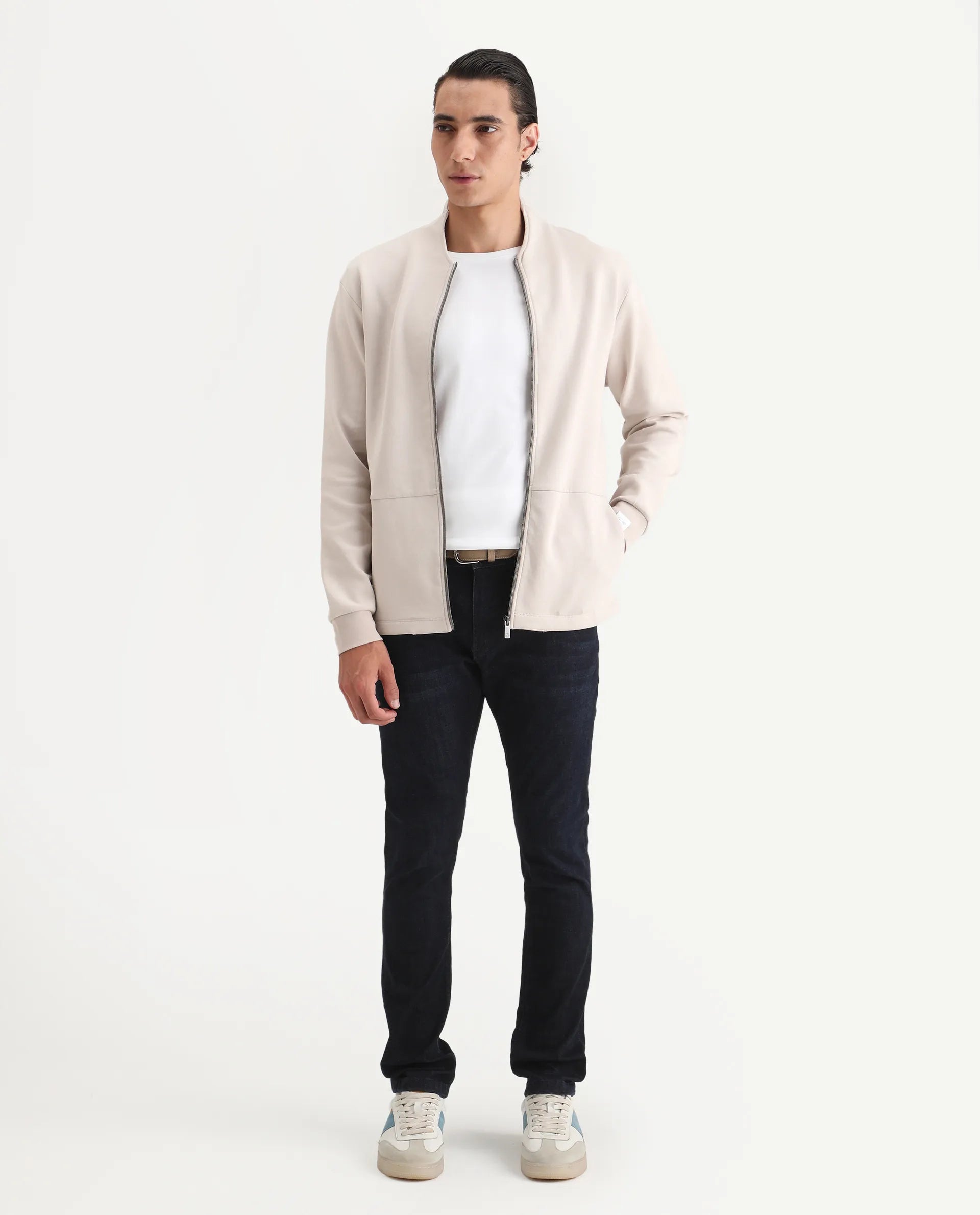 Rare Rabbit Men's Kezi Off White Cotton Blend Plain Regular Fit Full Sleeve High Neck Sweatshirt