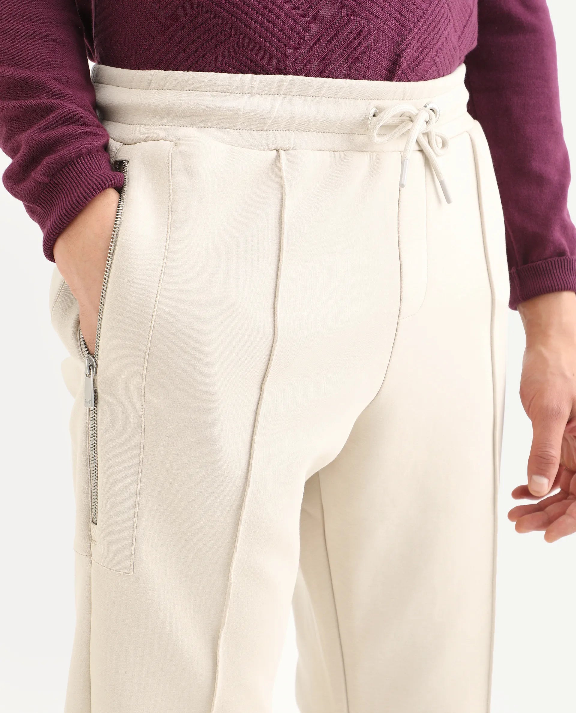 Rare Rabbit Men's Scot Light Beige Cotton Plain Regular Fit Track Pant
