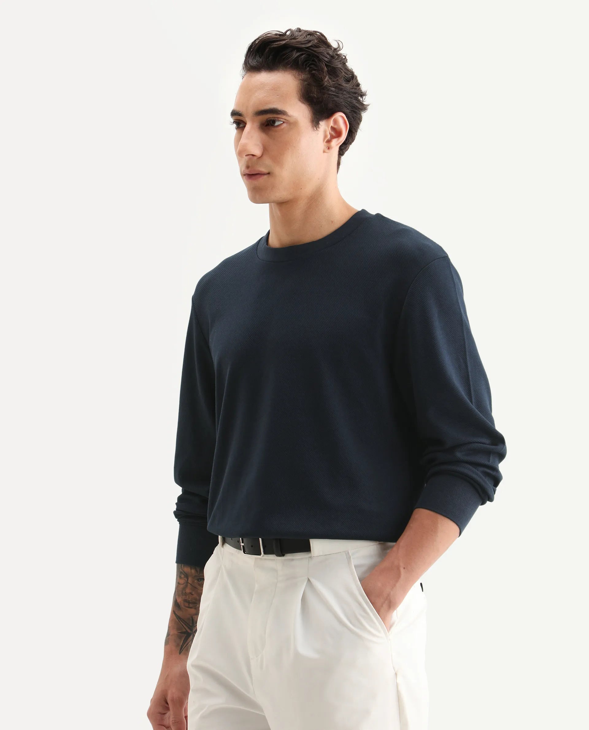 Rare Rabbit Men's Foy Navy Cotton Plain Regular Fit Full Sleeve Crew Neck Sweatshirt
