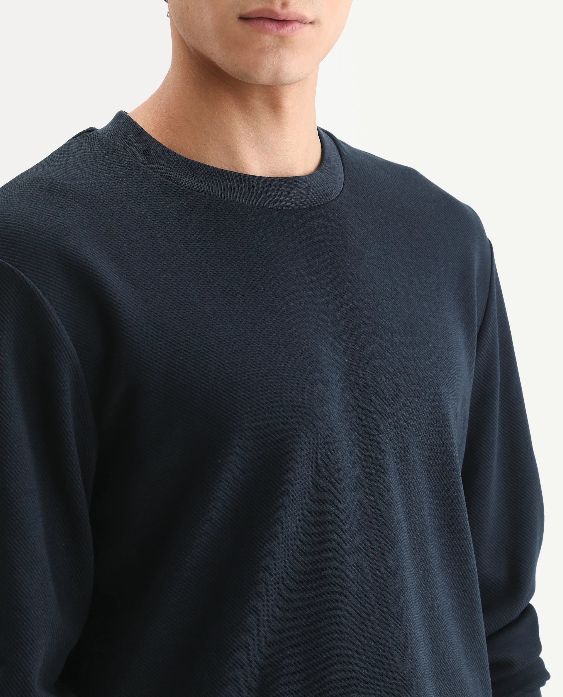 Rare Rabbit Men's Foy Navy Cotton Plain Regular Fit Full Sleeve Crew Neck Sweatshirt