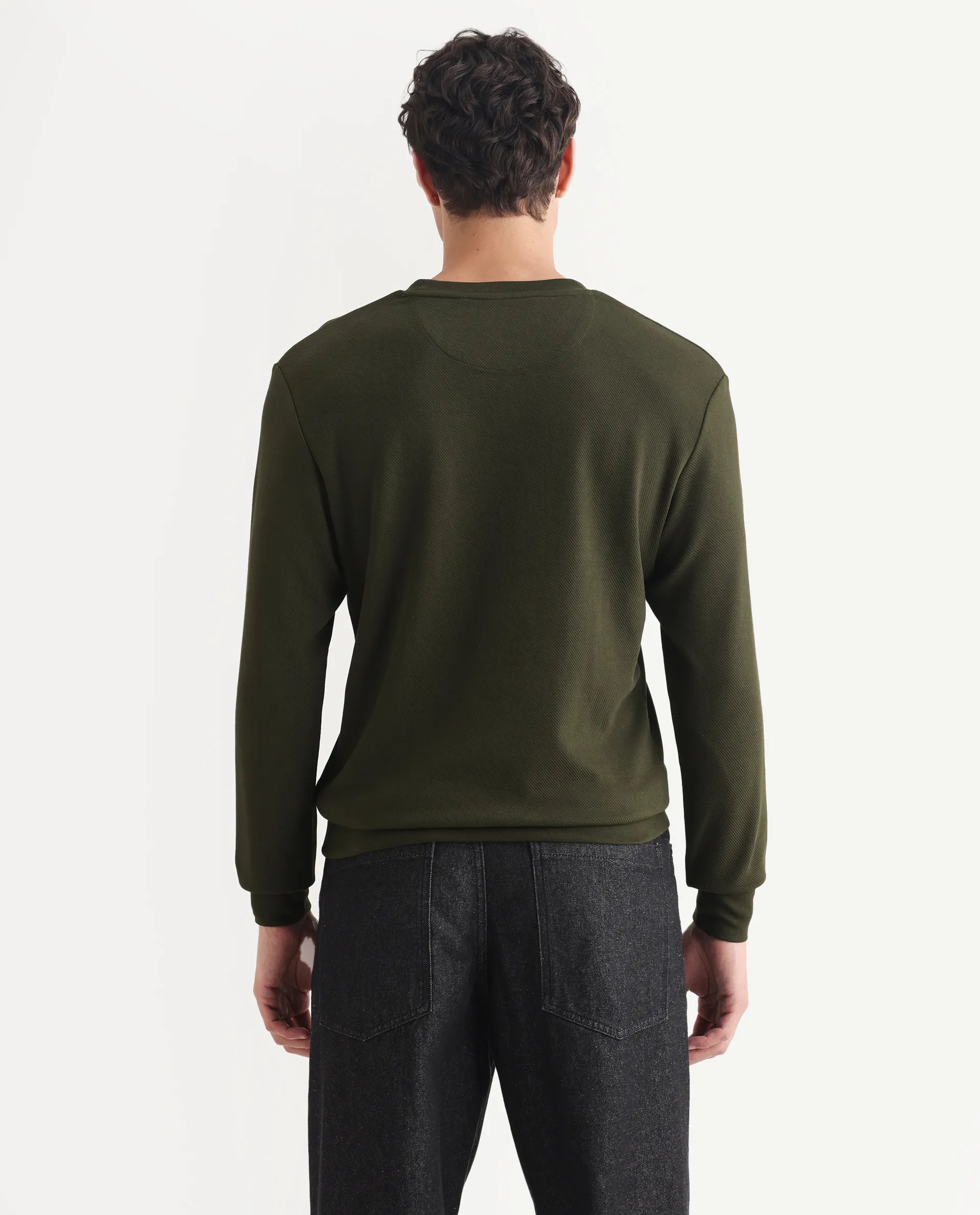 Rare Rabbit Men's Foy Olive Cotton Plain Regular Fit Full Sleeve Crew Neck Sweatshirt
