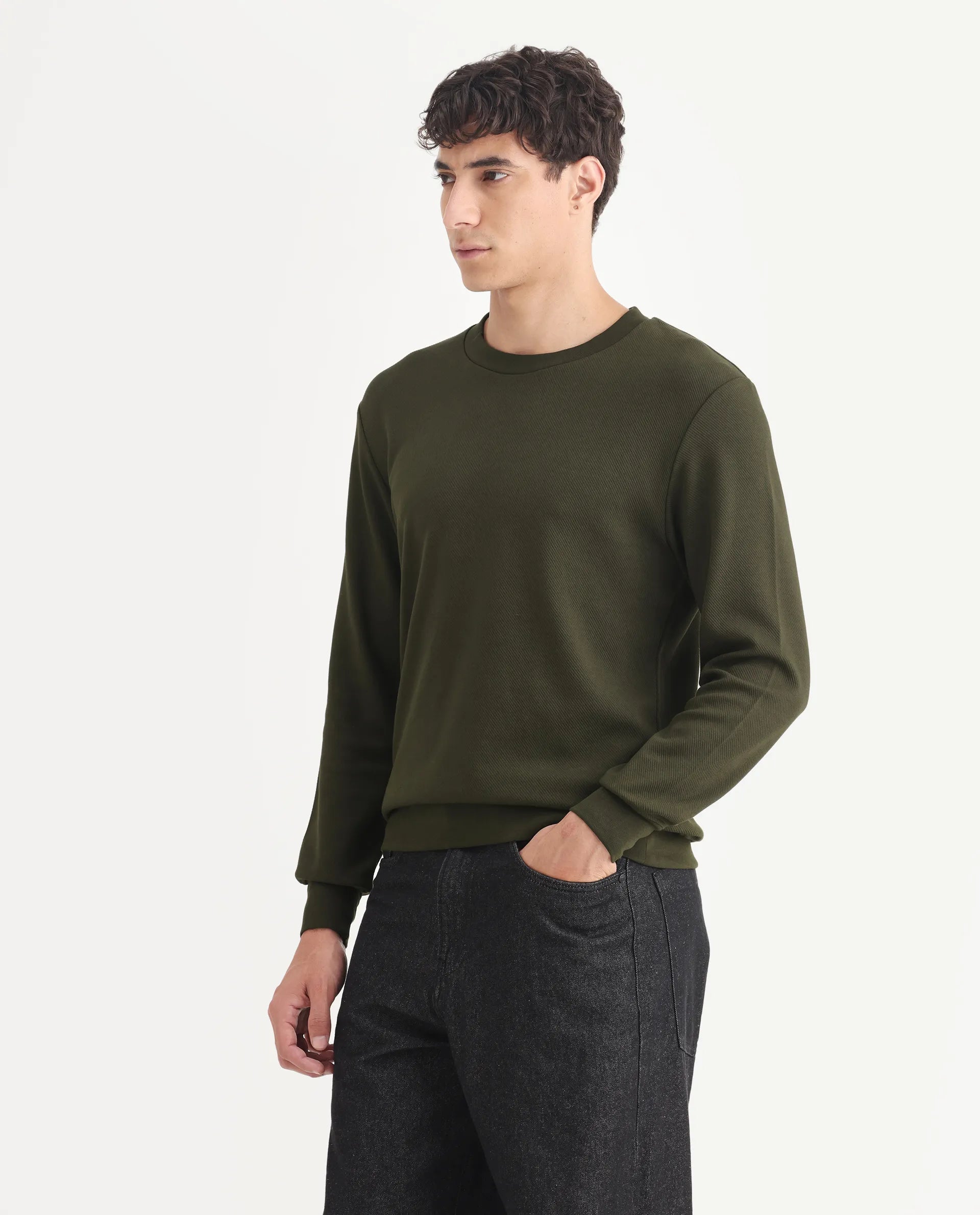 Rare Rabbit Men's Foy Olive Cotton Plain Regular Fit Full Sleeve Crew Neck Sweatshirt
