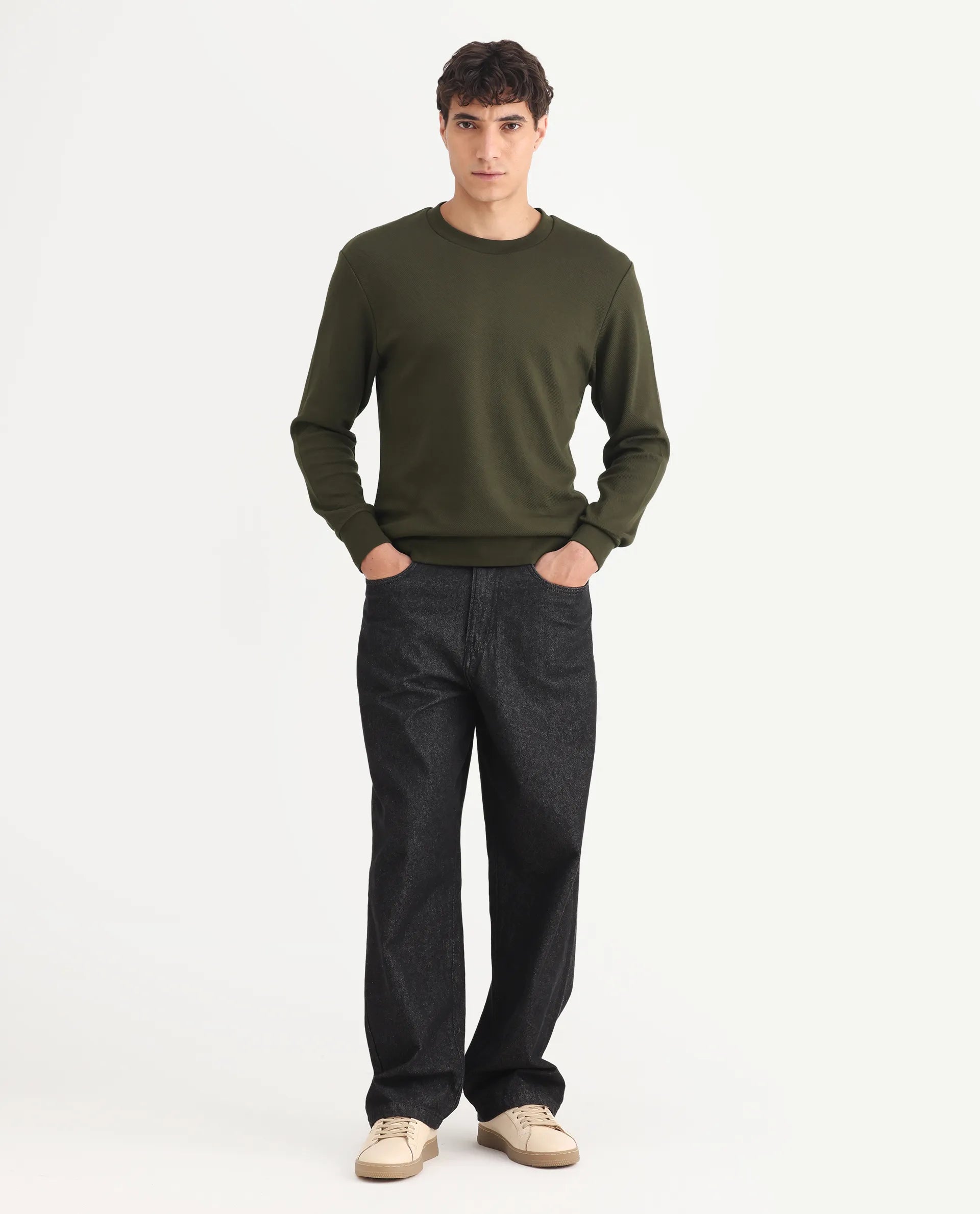Rare Rabbit Men's Foy Olive Cotton Plain Regular Fit Full Sleeve Crew Neck Sweatshirt