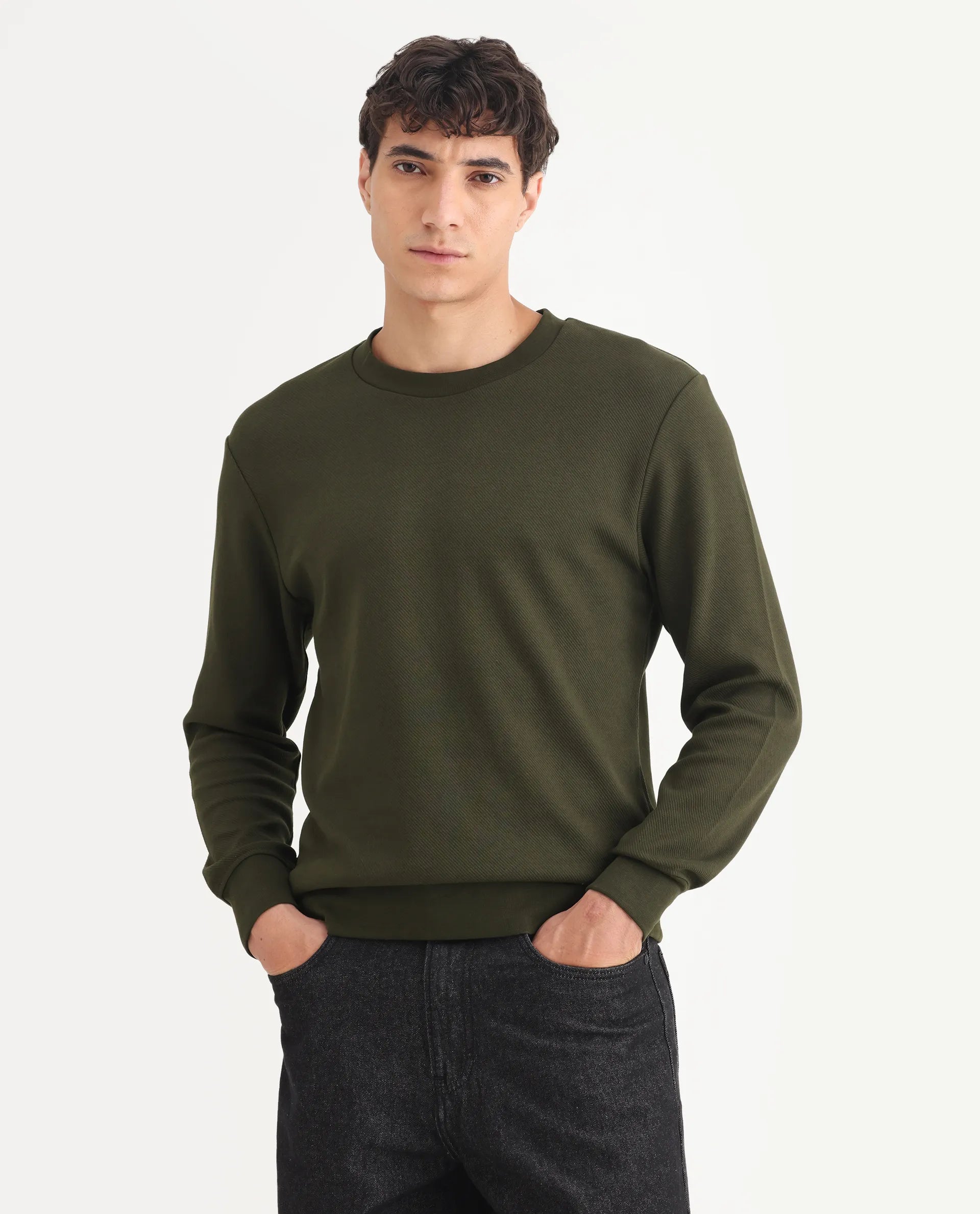 Rare Rabbit Men's Foy Olive Cotton Plain Regular Fit Full Sleeve Crew Neck Sweatshirt