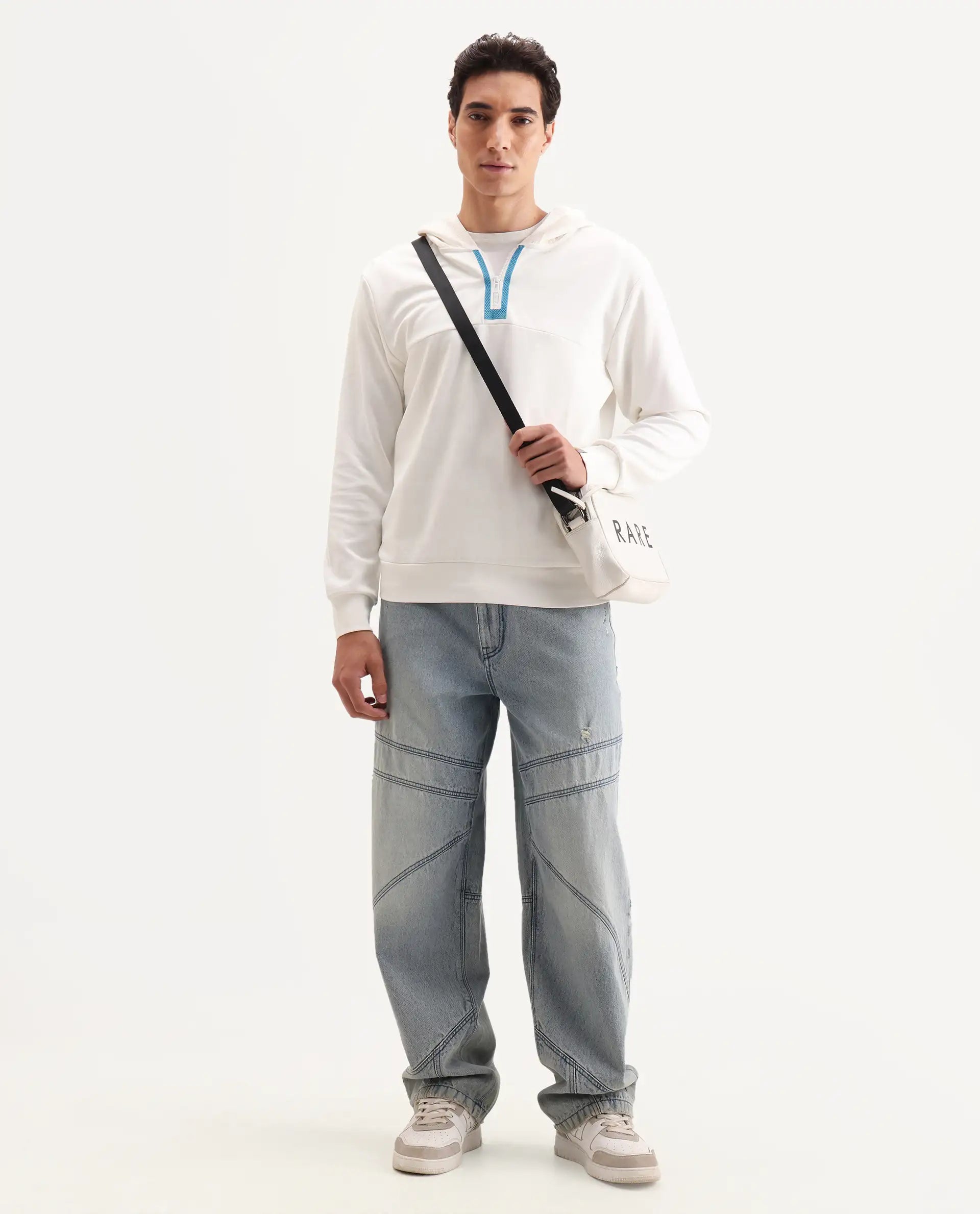 Rare Rabbit Men's Melt Off White Cotton Blend Plain Regular Fit Full Sleeve Hooded Sweatshirt