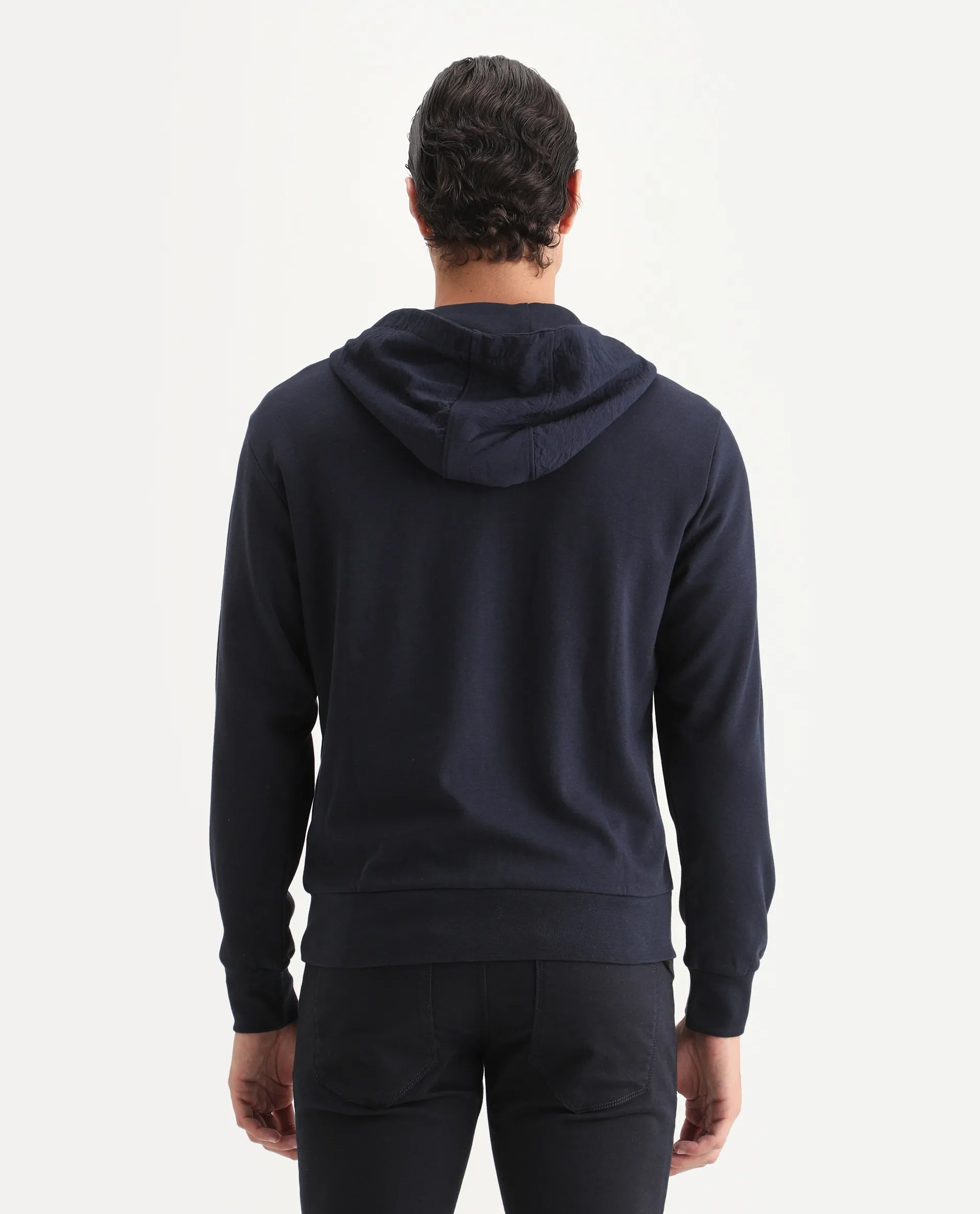 Rare Rabbit Men's Fego Navy Cotton Blend Plain Regular Fit Full Sleeve Hooded Sweatshirt