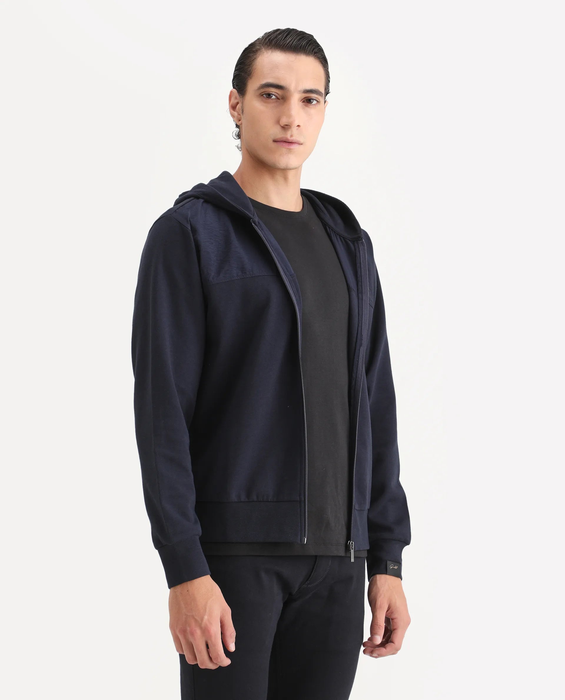 Rare Rabbit Men's Fego Navy Cotton Blend Plain Regular Fit Full Sleeve Hooded Sweatshirt