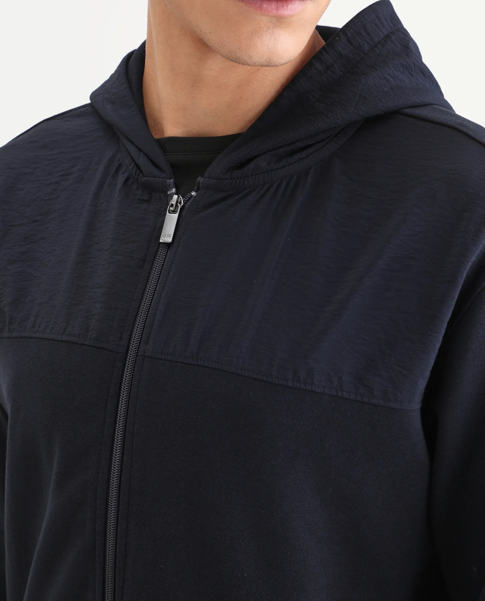 Rare Rabbit Men's Fego Navy Cotton Blend Plain Regular Fit Full Sleeve Hooded Sweatshirt