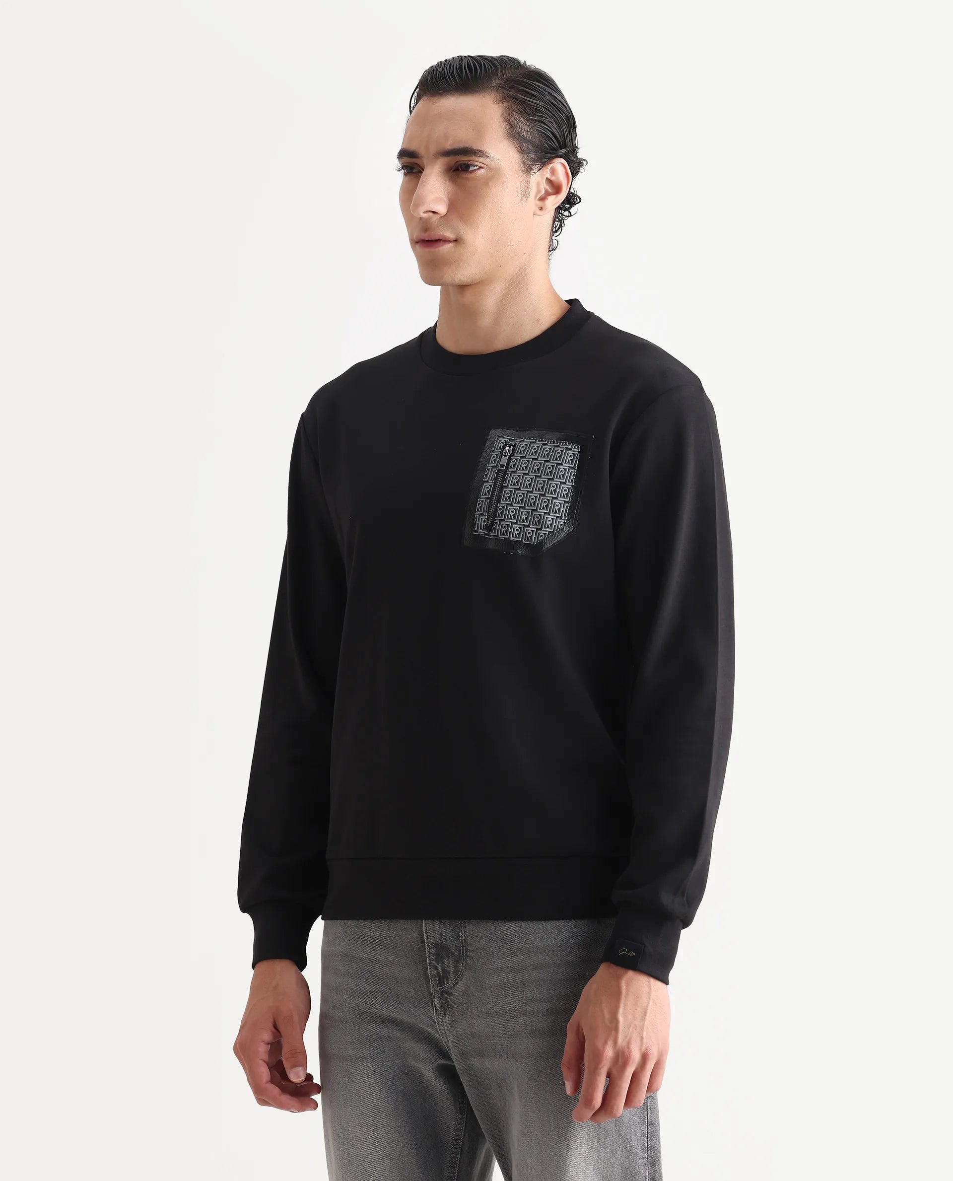 Rare Rabbit Men's Kevon Black Polyester Blend Plain Regular Fit Full Sleeve Crew Neck Sweatshirt