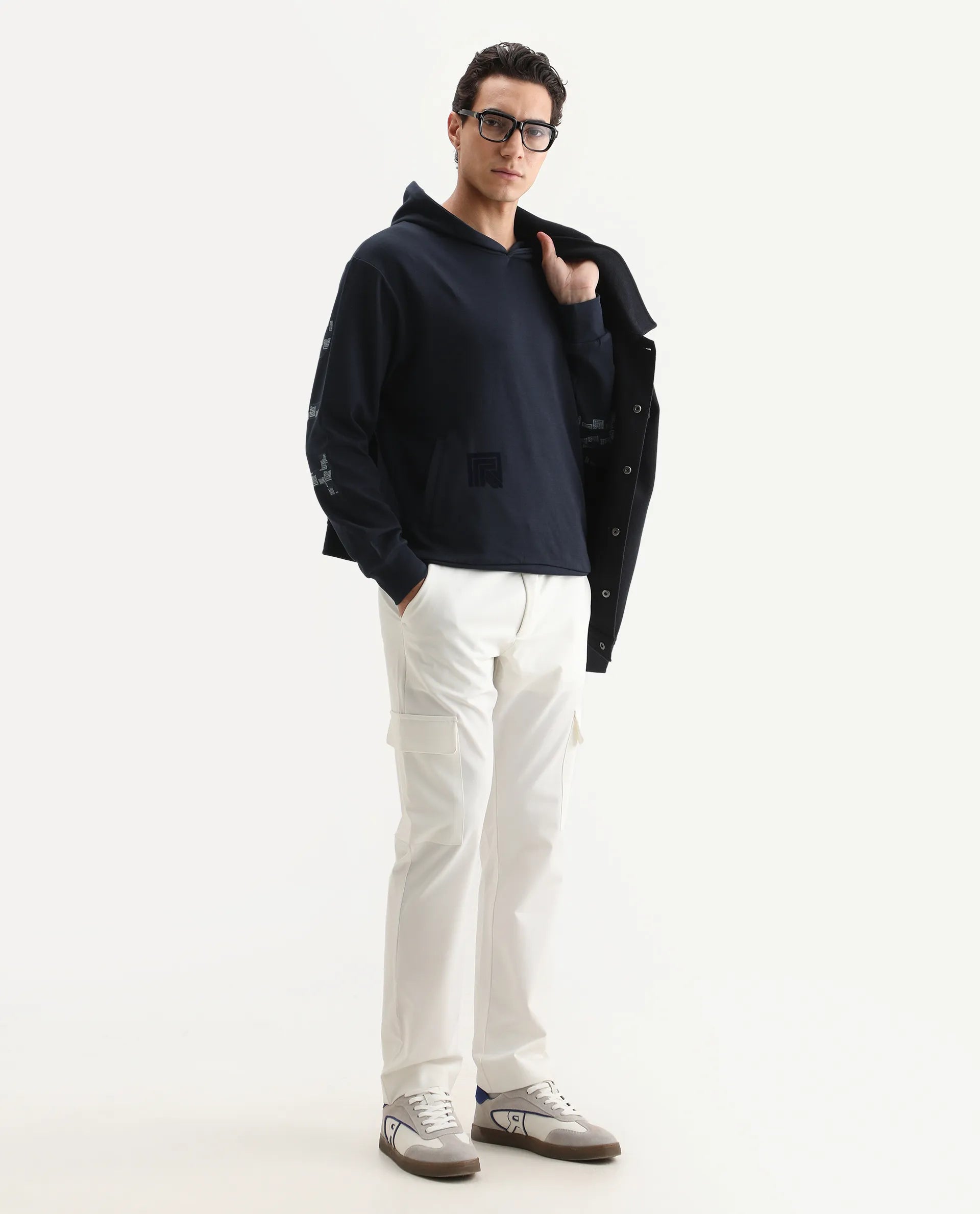 Rare Rabbit Men's Lobo Navy Cotton Graphic Print Regular Fit Full Sleeve Hooded Sweatshirt