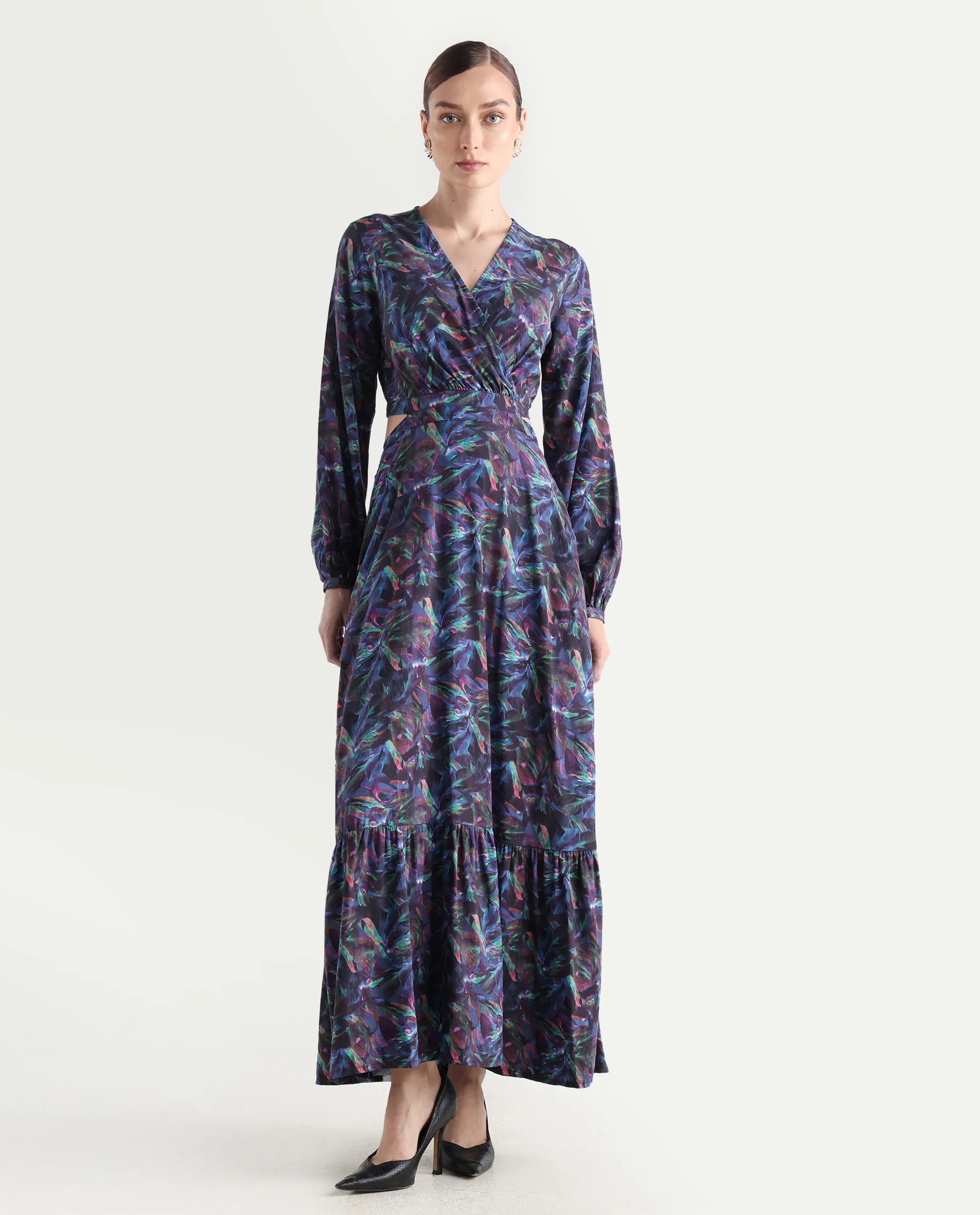 Rareism Women's Seppo Dark Multi Viscose Overlap Neck Abstract Print Bishop Sleeve Maxi Fit And Flare Dress