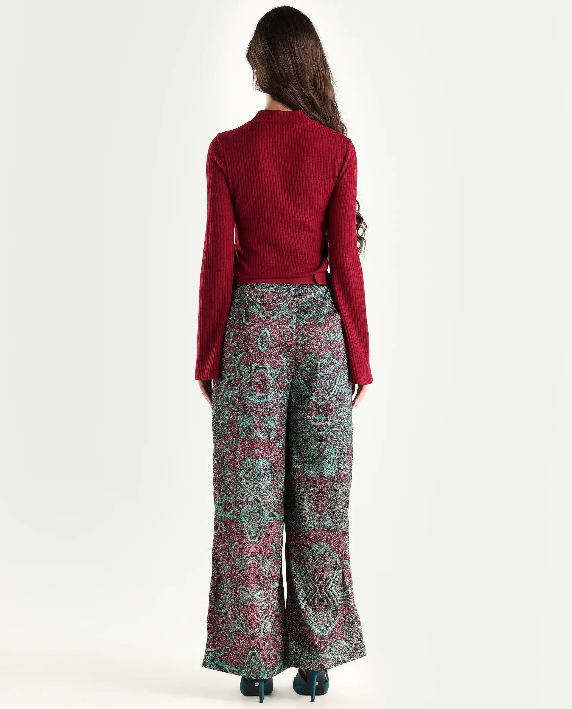 Rareism Women's Edina Multi Satin Abstract Print Ankle Length Wide Trouser