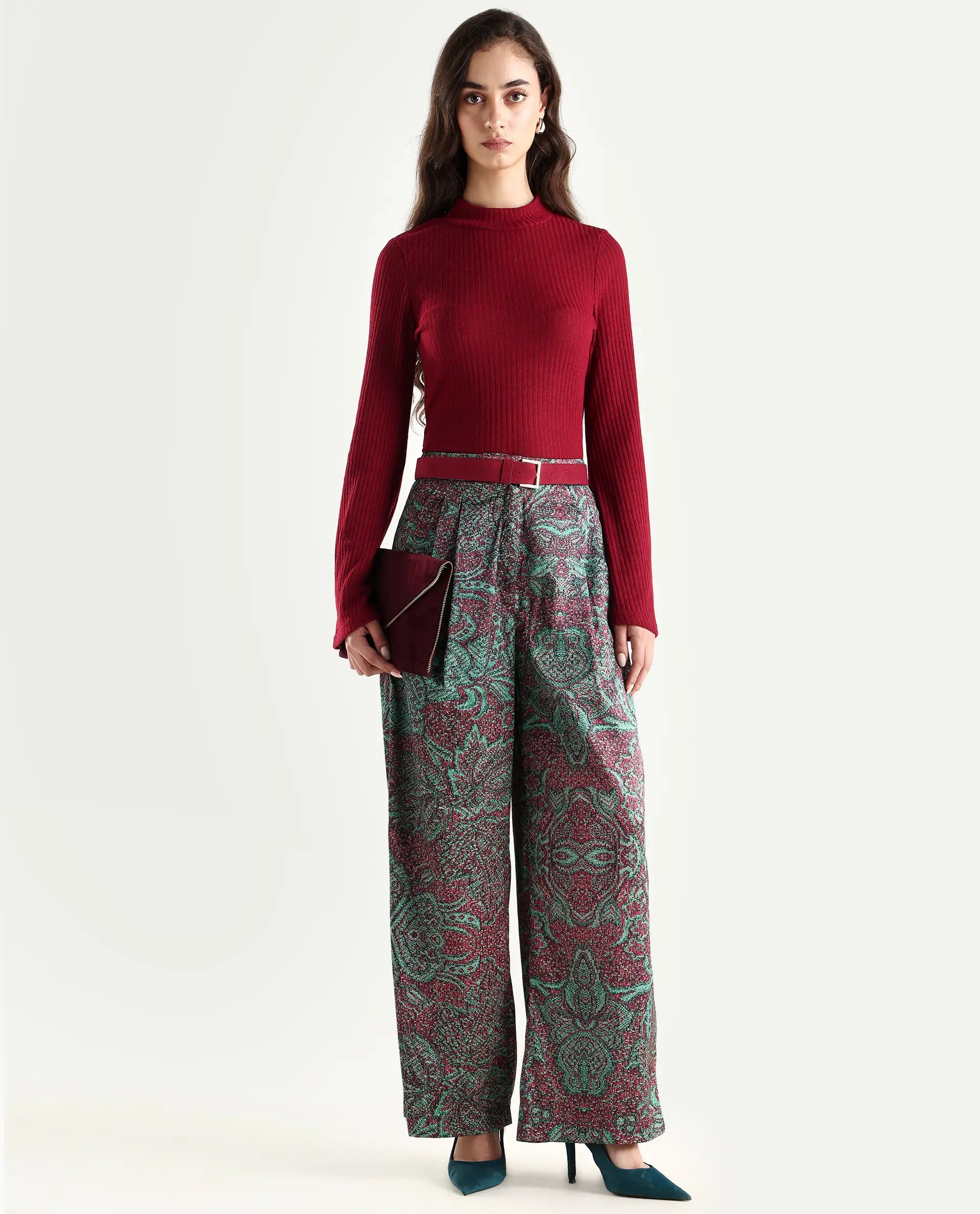 Rareism Women's Edina Multi Satin Abstract Print Ankle Length Wide Trouser