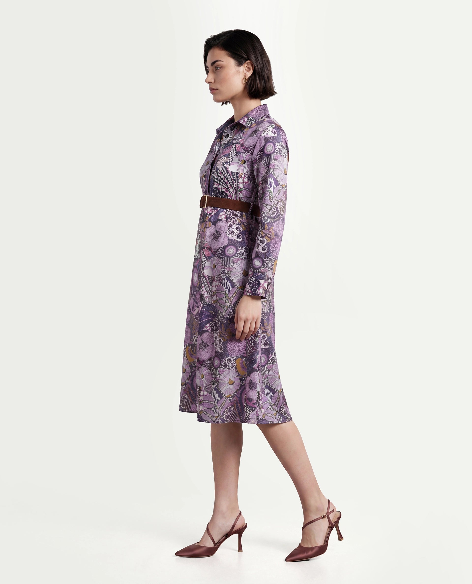 Rareism Women's Shapat Multi Satin High Neck Abstract Print Midi A-Line Dress