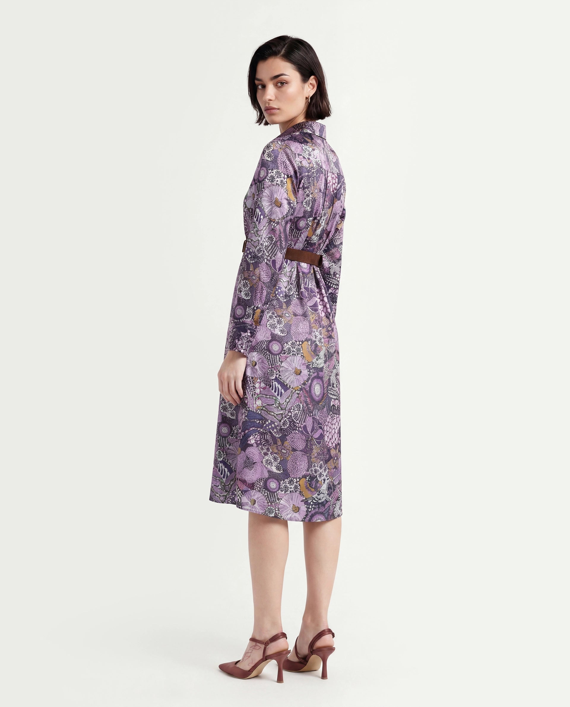 Rareism Women's Shapat Multi Satin High Neck Abstract Print Midi A-Line Dress