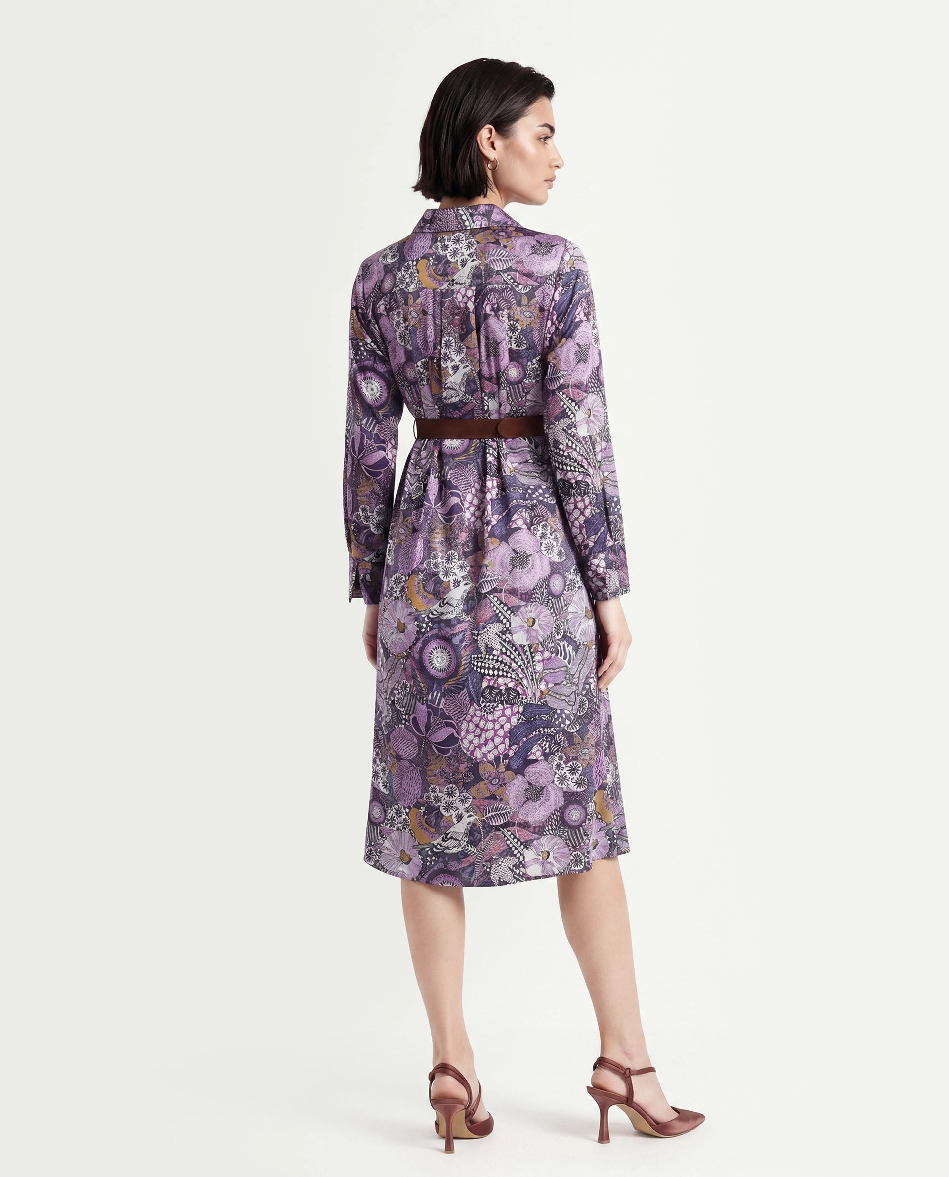 Rareism Women's Shapat Multi Satin High Neck Abstract Print Midi A-Line Dress