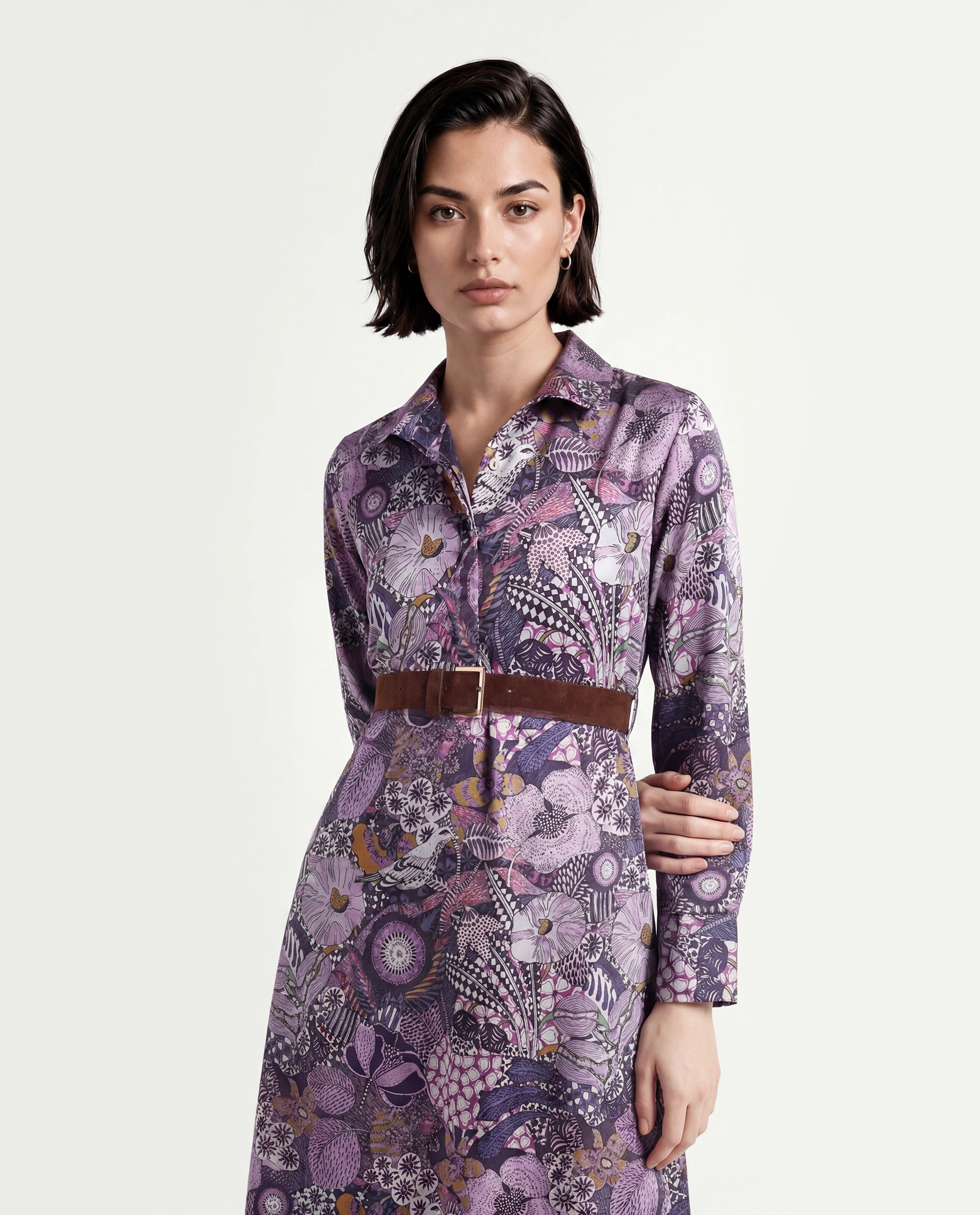 Rareism Women's Shapat Multi Satin High Neck Abstract Print Midi A-Line Dress