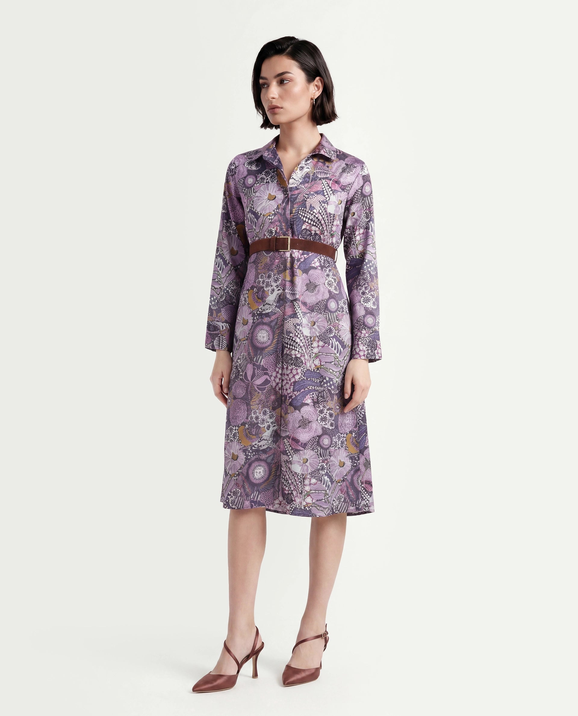 Rareism Women's Shapat Multi Satin High Neck Abstract Print Midi A-Line Dress
