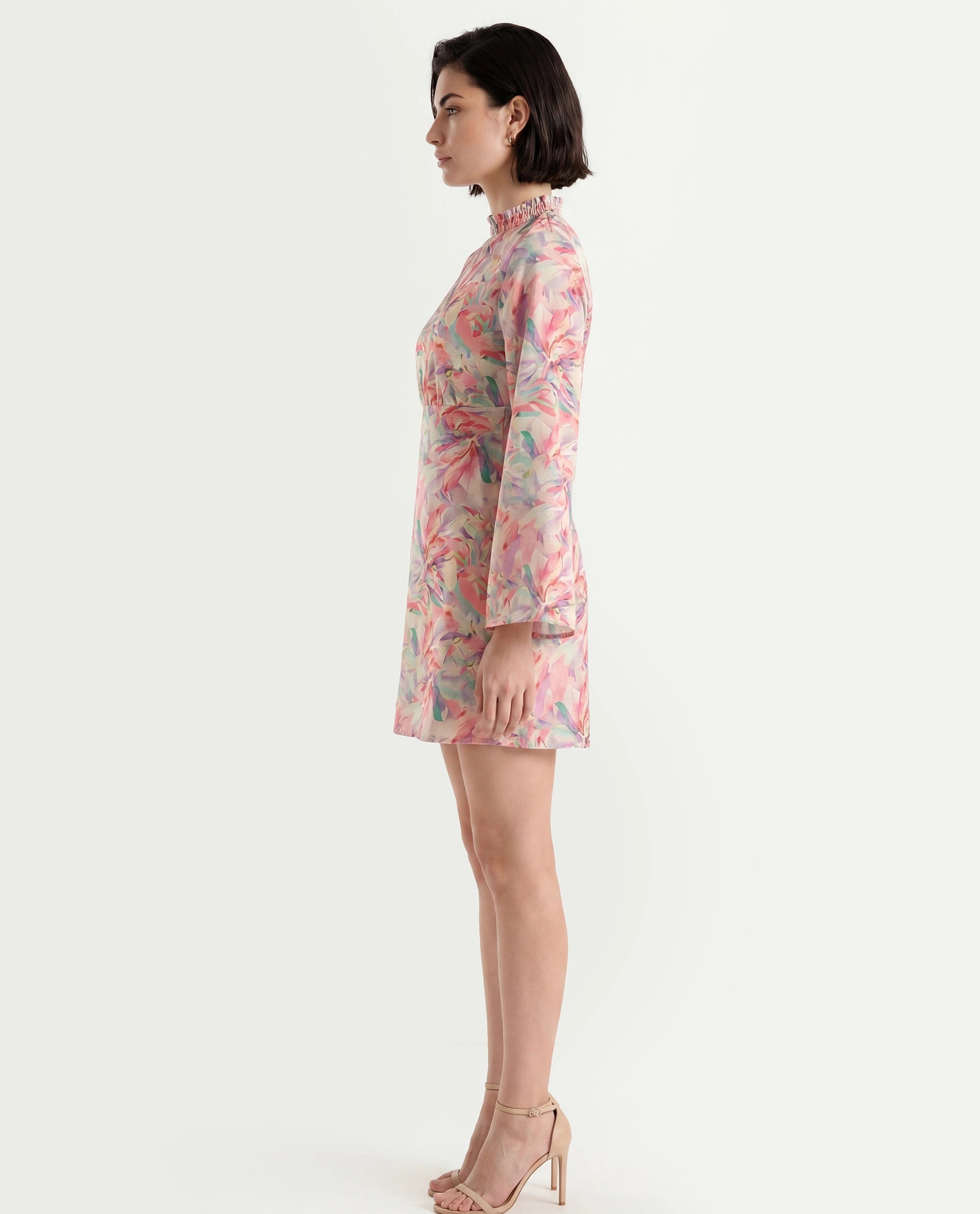 Rareism Women's Erry Light Multi Cotton Sweetheart Neck Abstract Print Bell Sleeve Knee Length Flared Dress