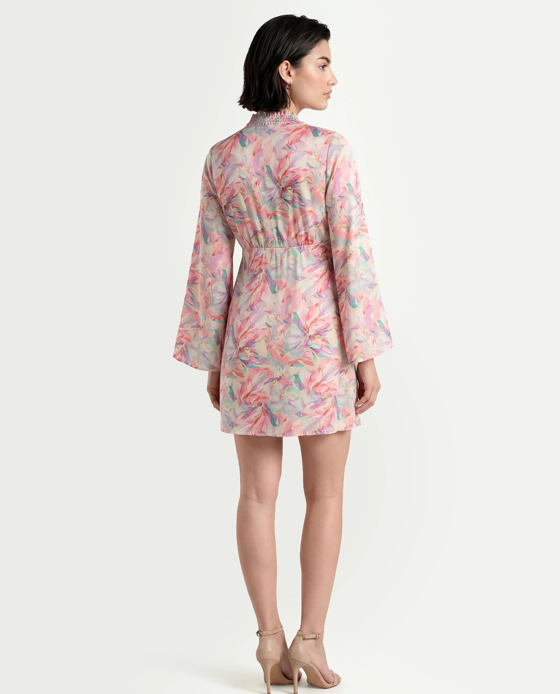 Rareism Women's Erry Light Multi Cotton Sweetheart Neck Abstract Print Bell Sleeve Knee Length Flared Dress