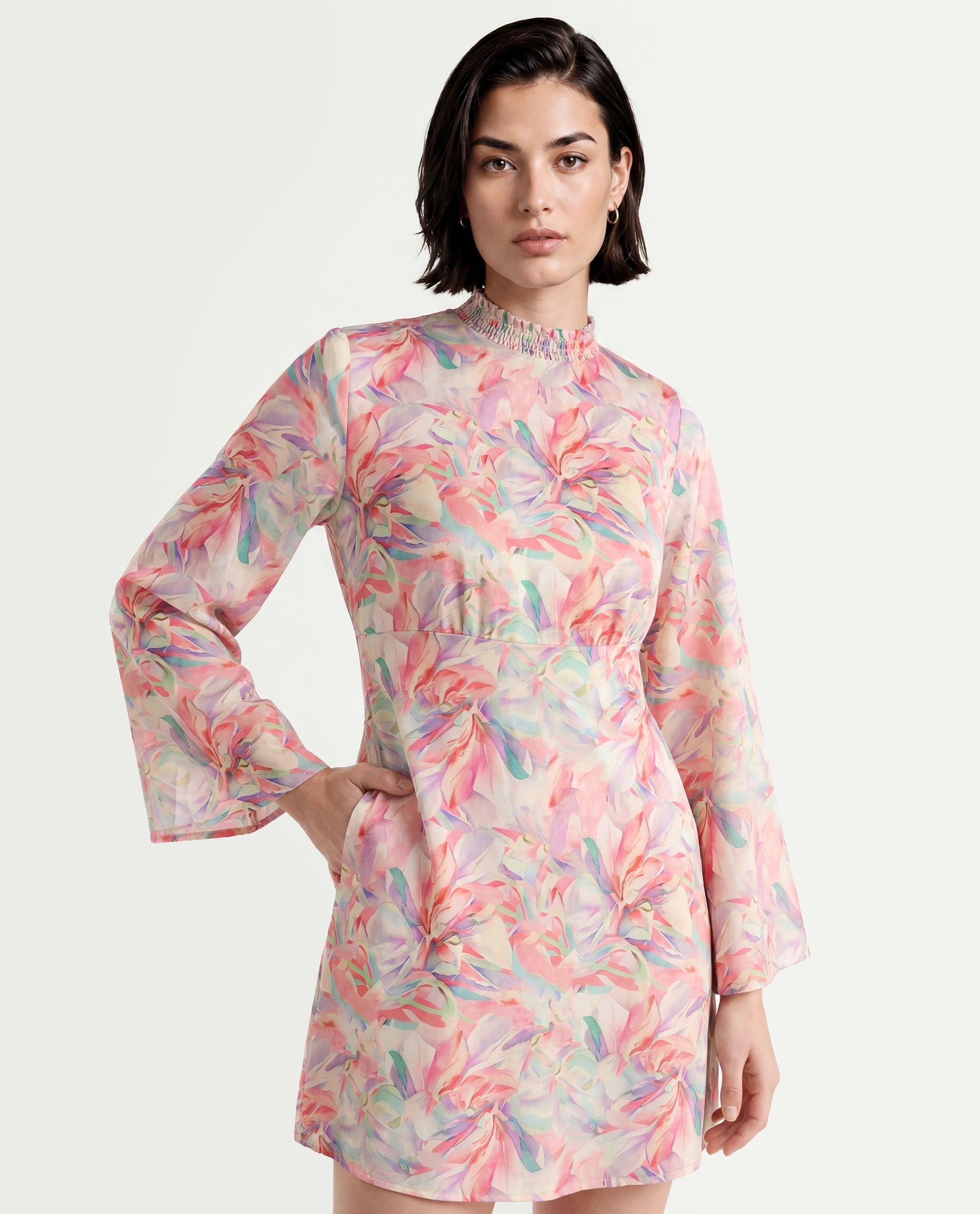 Rareism Women's Erry Light Multi Cotton Sweetheart Neck Abstract Print Bell Sleeve Knee Length Flared Dress