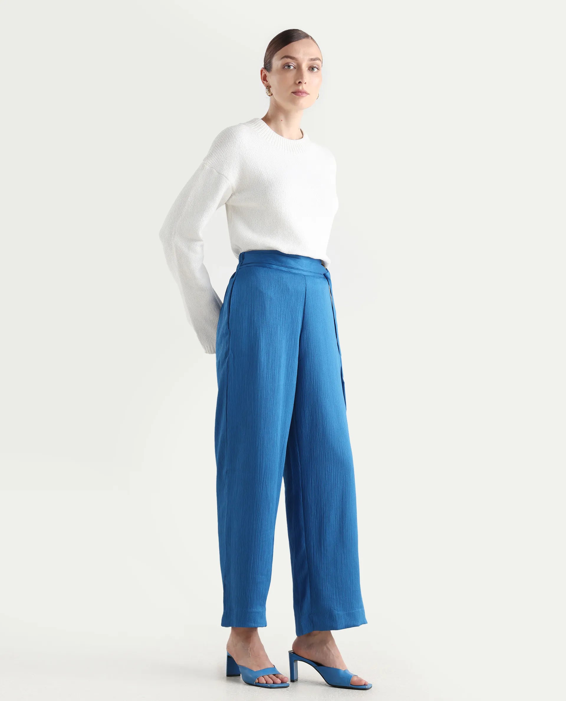 Rareism Women's Antela Blue Polyester Plain Ankle Length Wide Trouser