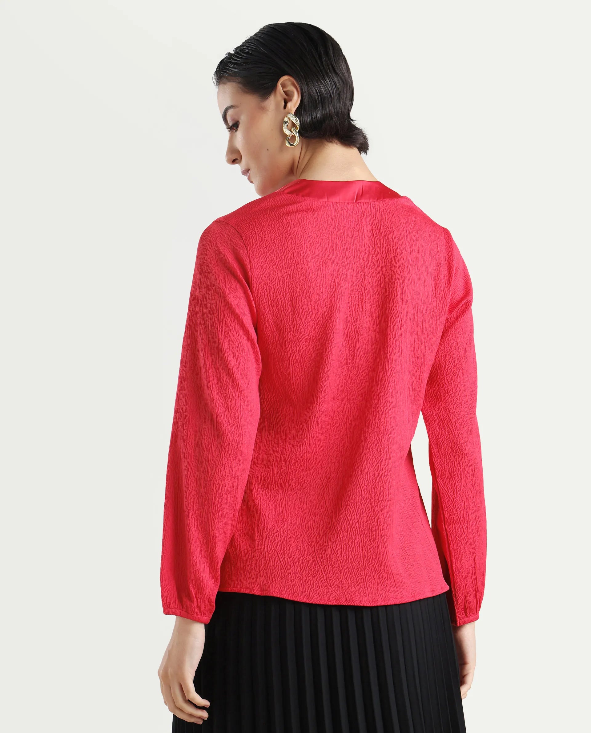 Rareism Women's Boco Pink Polyester V-Neck Plain Balloon Sleeve Regular Fit Top