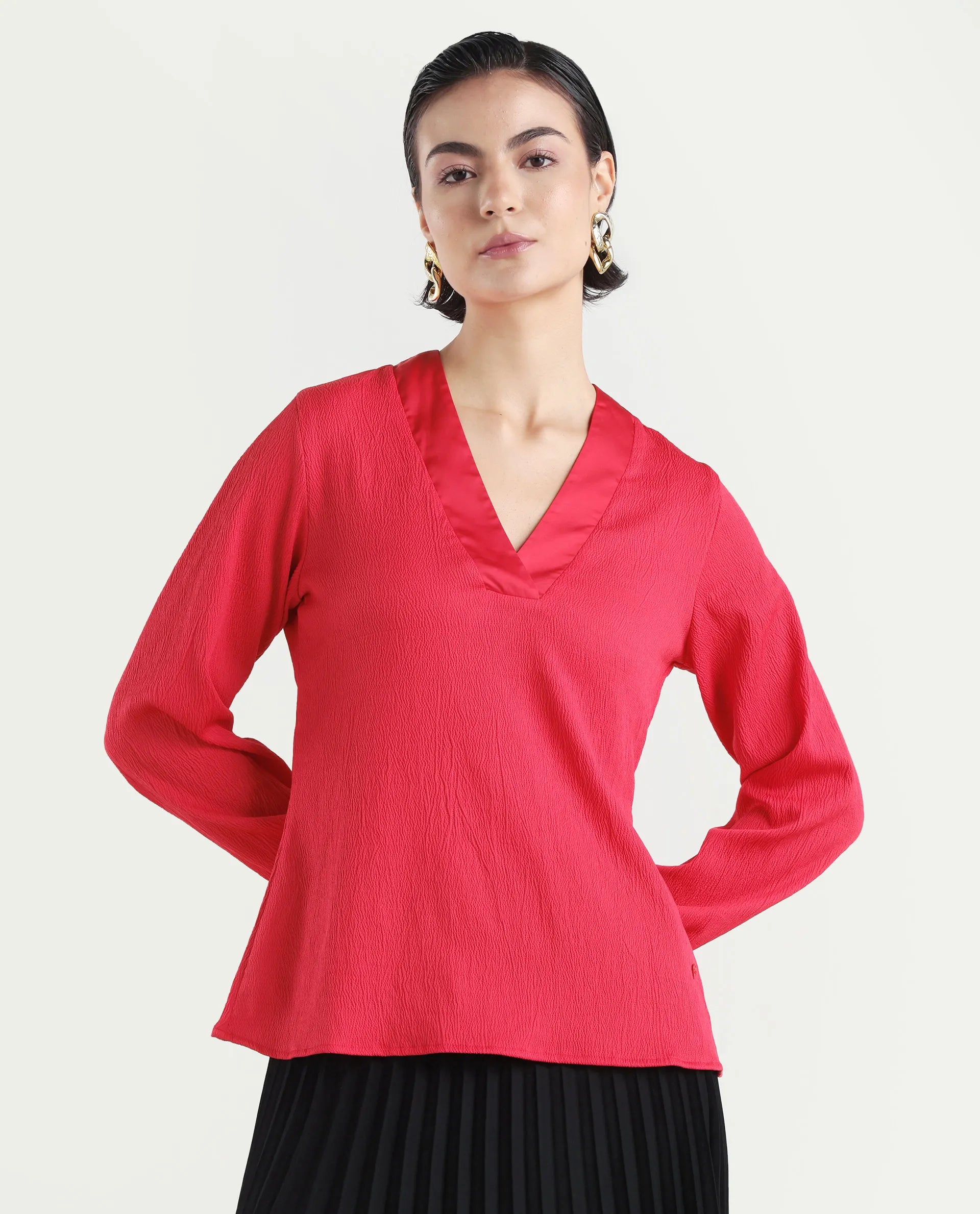 Rareism Women's Boco Pink Polyester V-Neck Plain Balloon Sleeve Regular Fit Top
