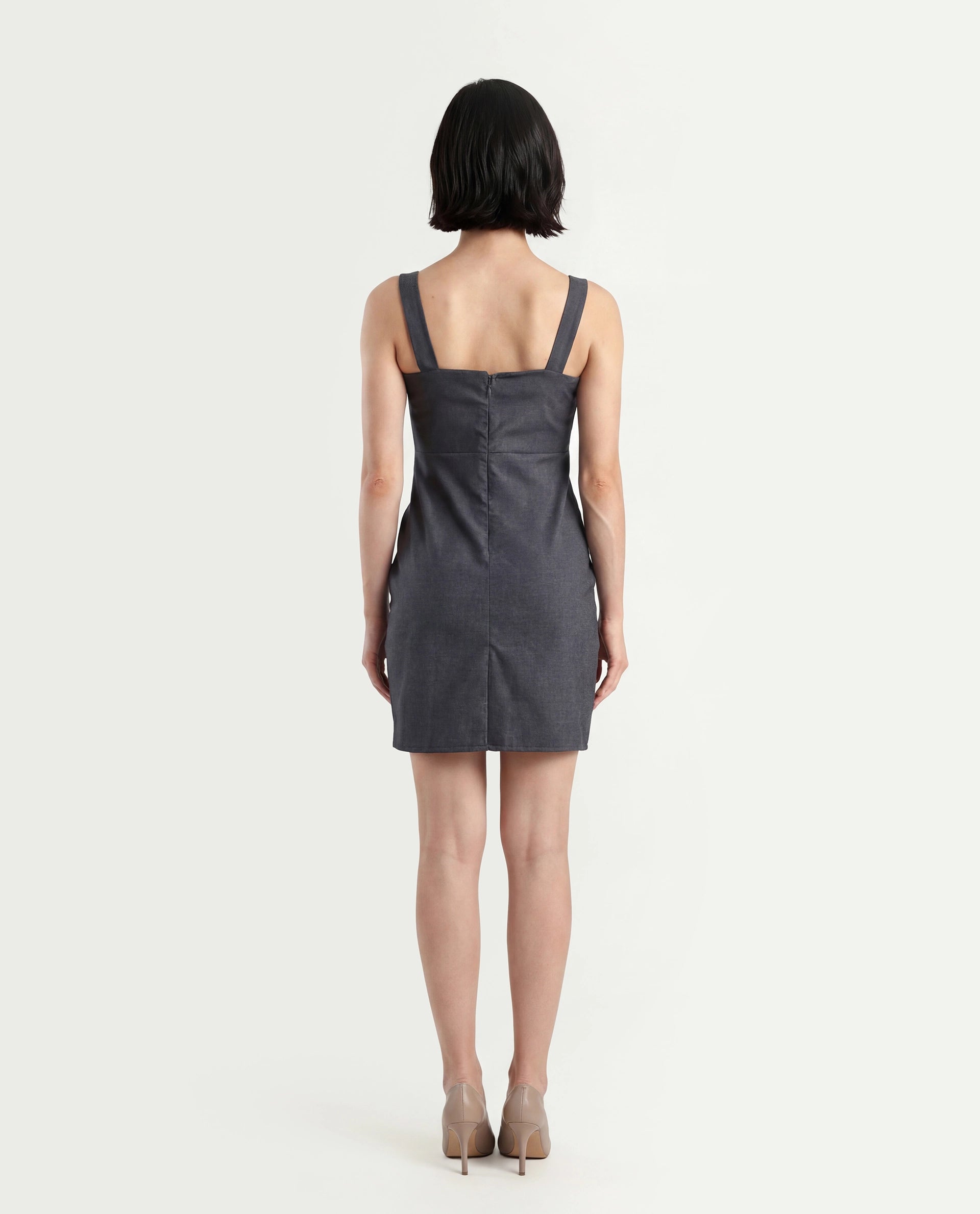 Rareism Women's Canakkale Grey Cotton Blend Sweetheart Neck Plain Sleeveless Mini Straight Fit Dress