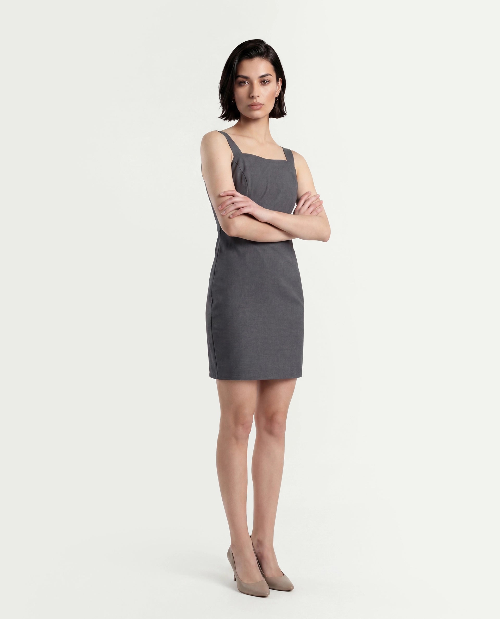 Rareism Women's Canakkale Grey Cotton Blend Sweetheart Neck Plain Sleeveless Mini Straight Fit Dress