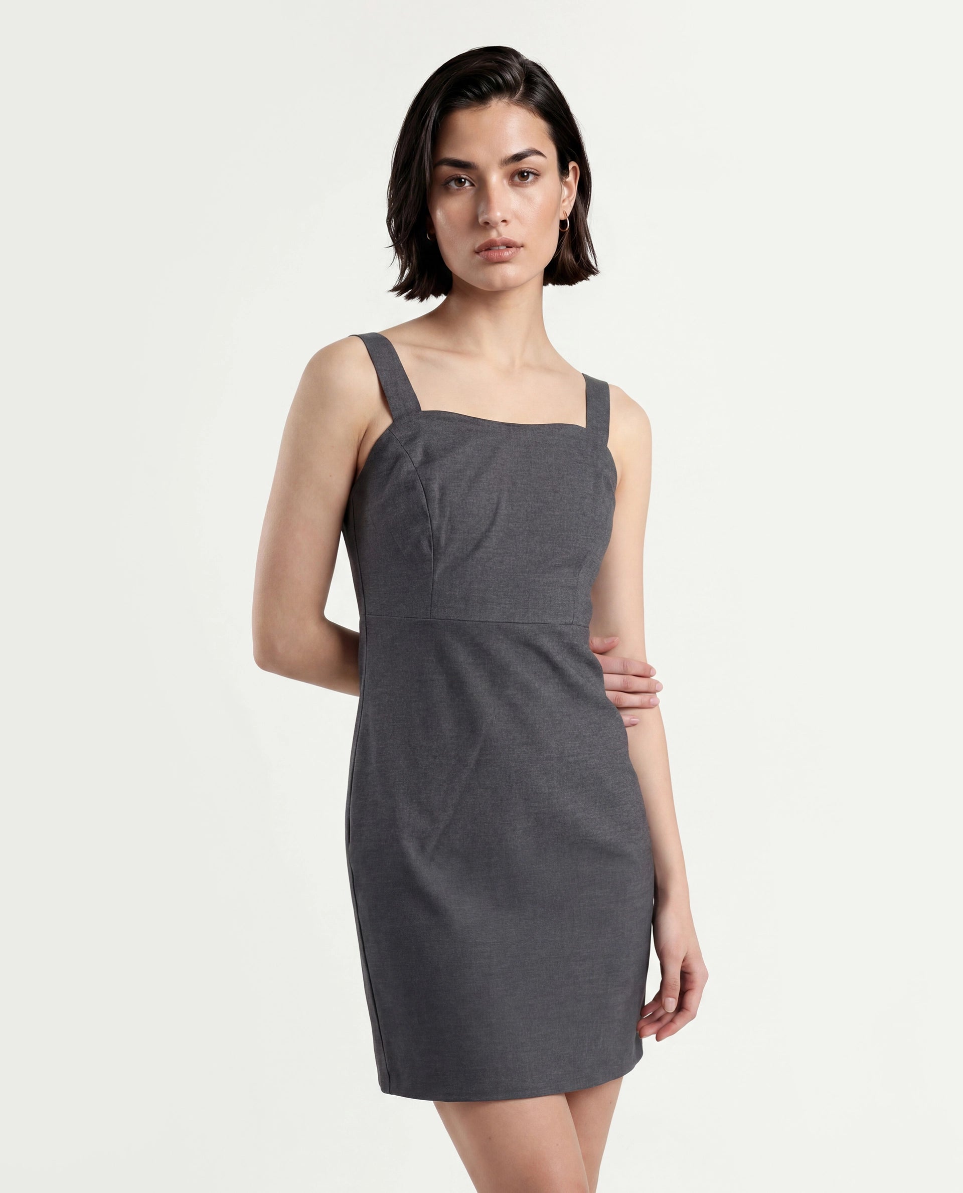 Rareism Women's Canakkale Grey Cotton Blend Sweetheart Neck Plain Sleeveless Mini Straight Fit Dress