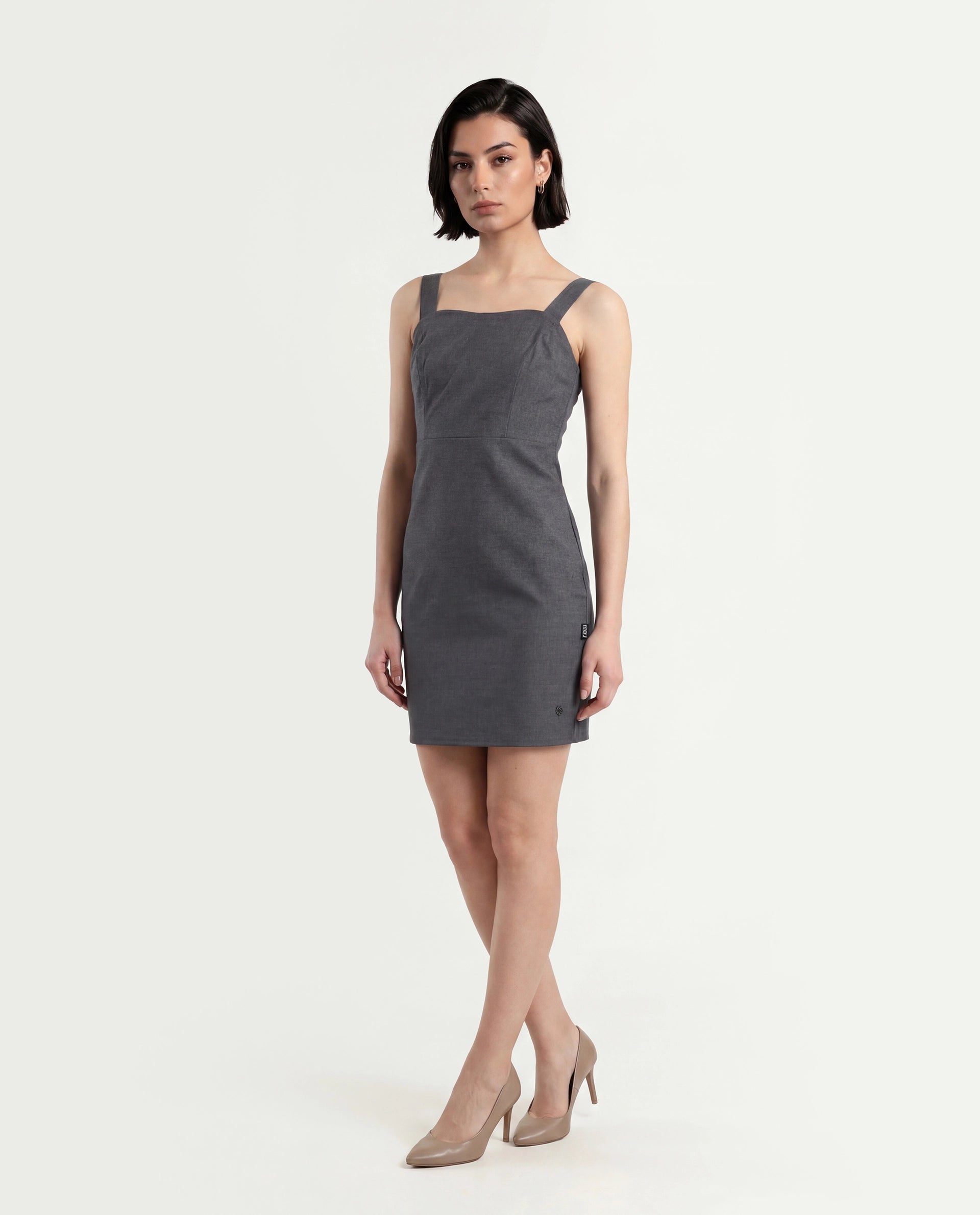 Rareism Women's Canakkale Grey Cotton Blend Sweetheart Neck Plain Sleeveless Mini Straight Fit Dress