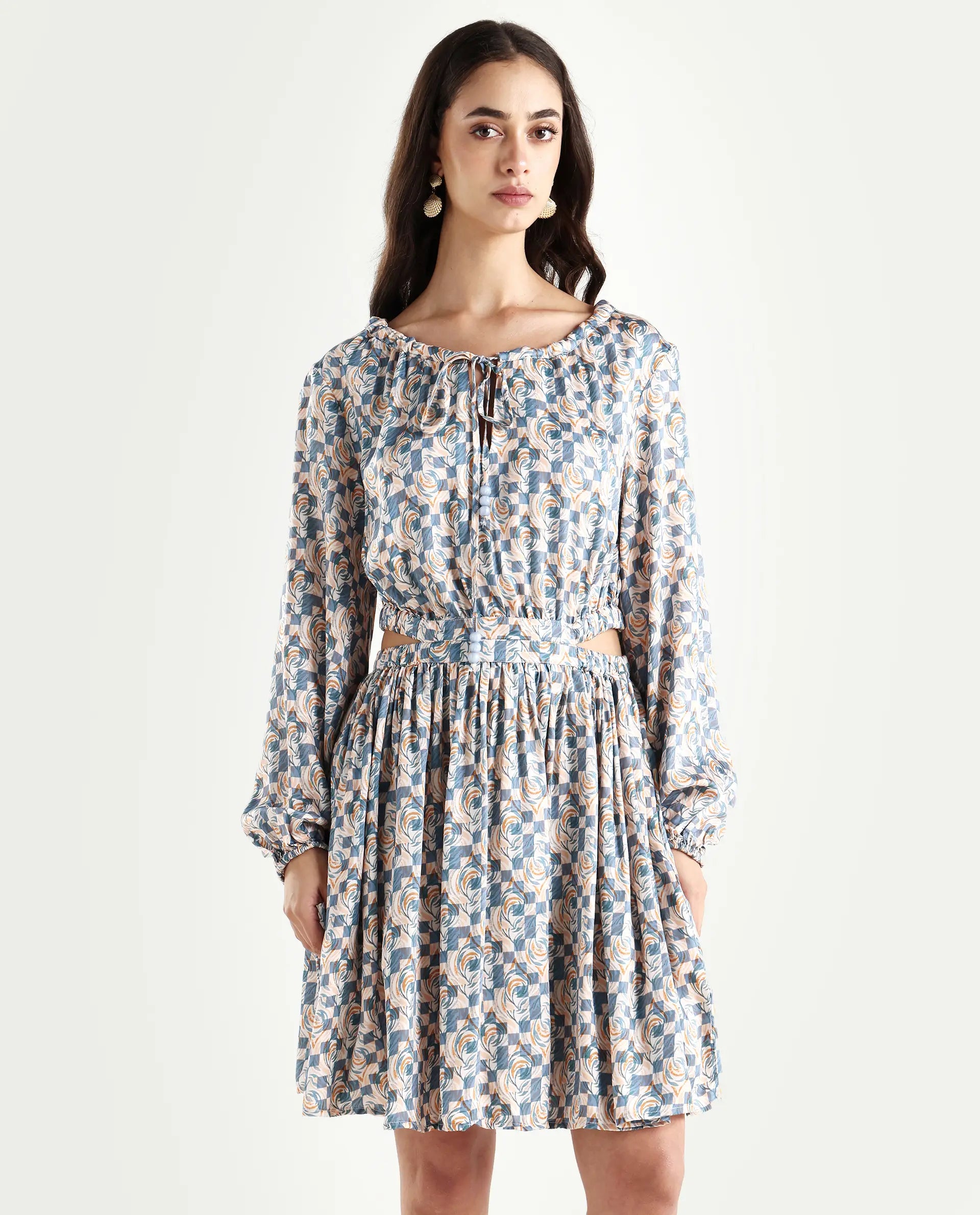 Rareism Women's Chile Light Multi Cotton Blend Crew Neck Geometric Print Puff Sleeves Knee Length A-Line Dress