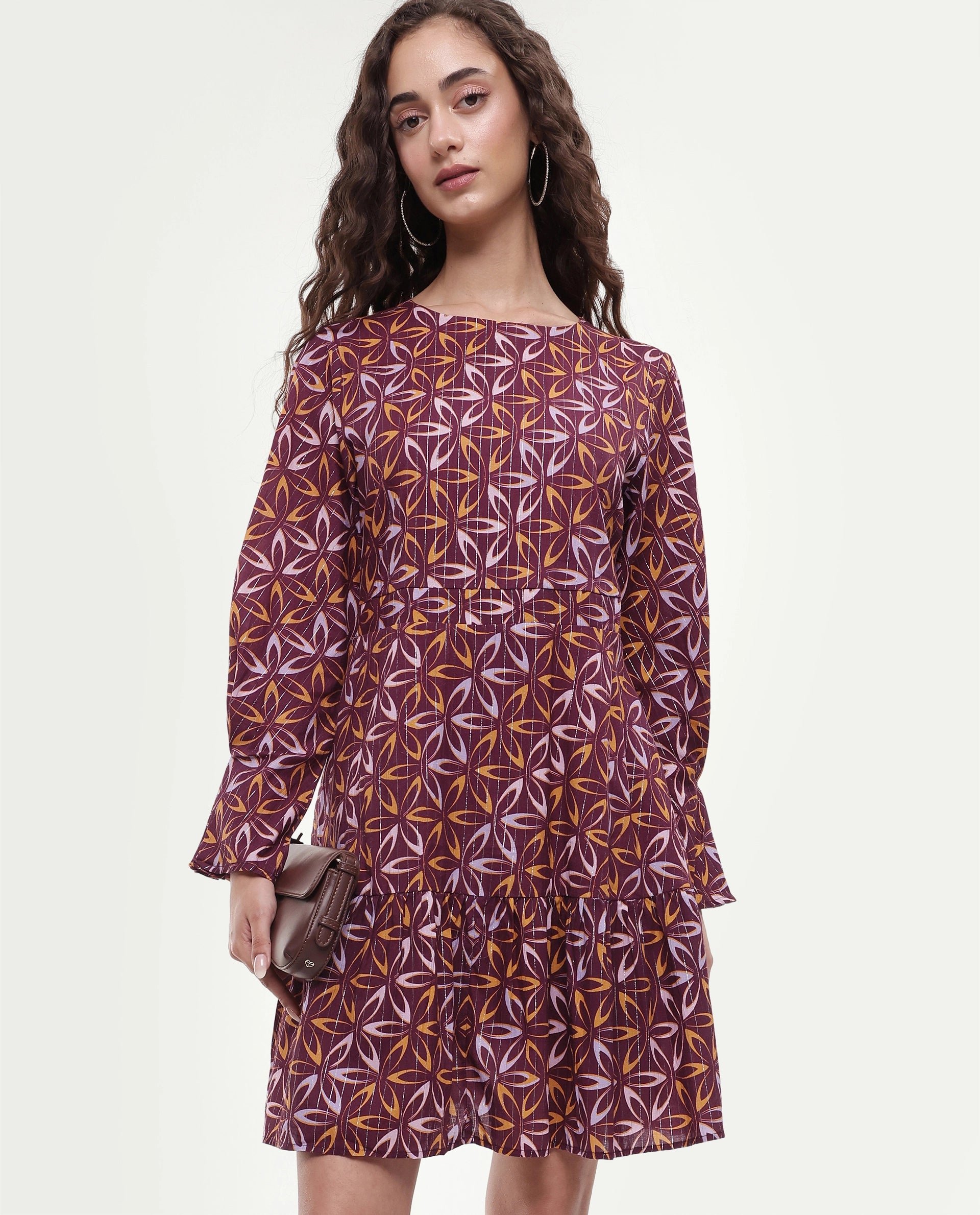 Rareism Women's Nesia Multi Cotton Sweetheart Neck Geometric Print Puff Sleeves Knee Length Tiered Dress