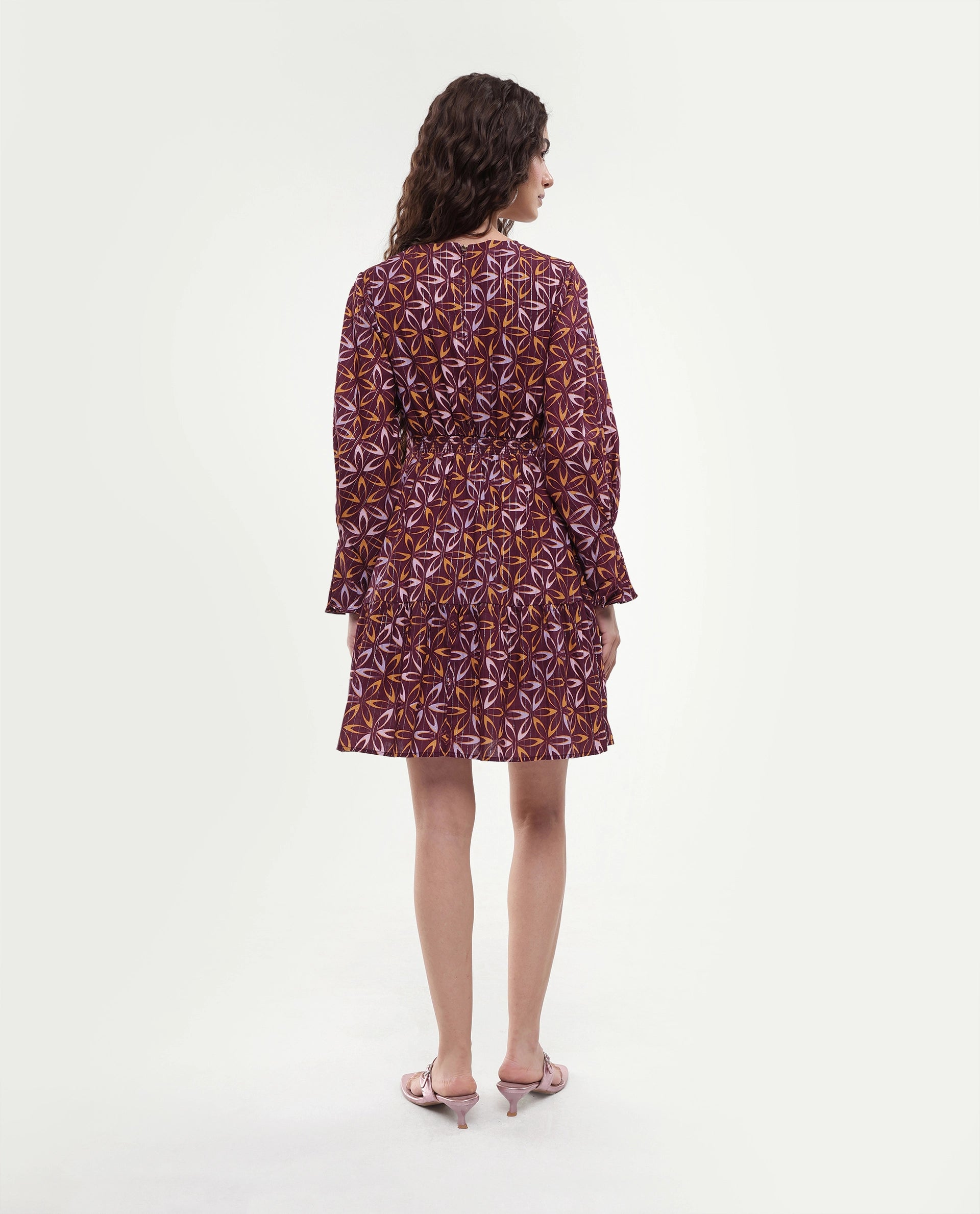 Rareism Women's Nesia Multi Cotton Sweetheart Neck Geometric Print Puff Sleeves Knee Length Tiered Dress