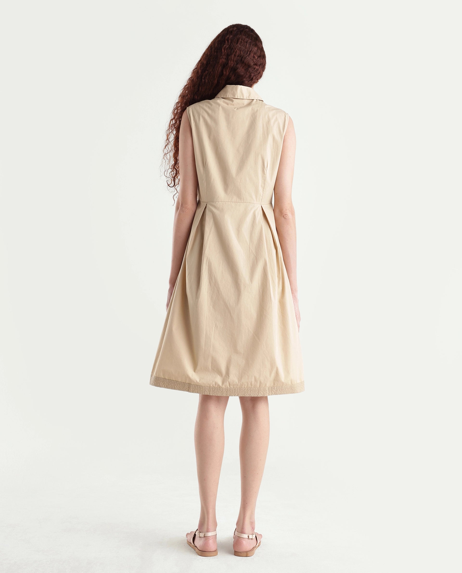 Rareism Women's Qba Light Sand Cotton Drop Collar Plain Sleeveless Midi A-Line Dress