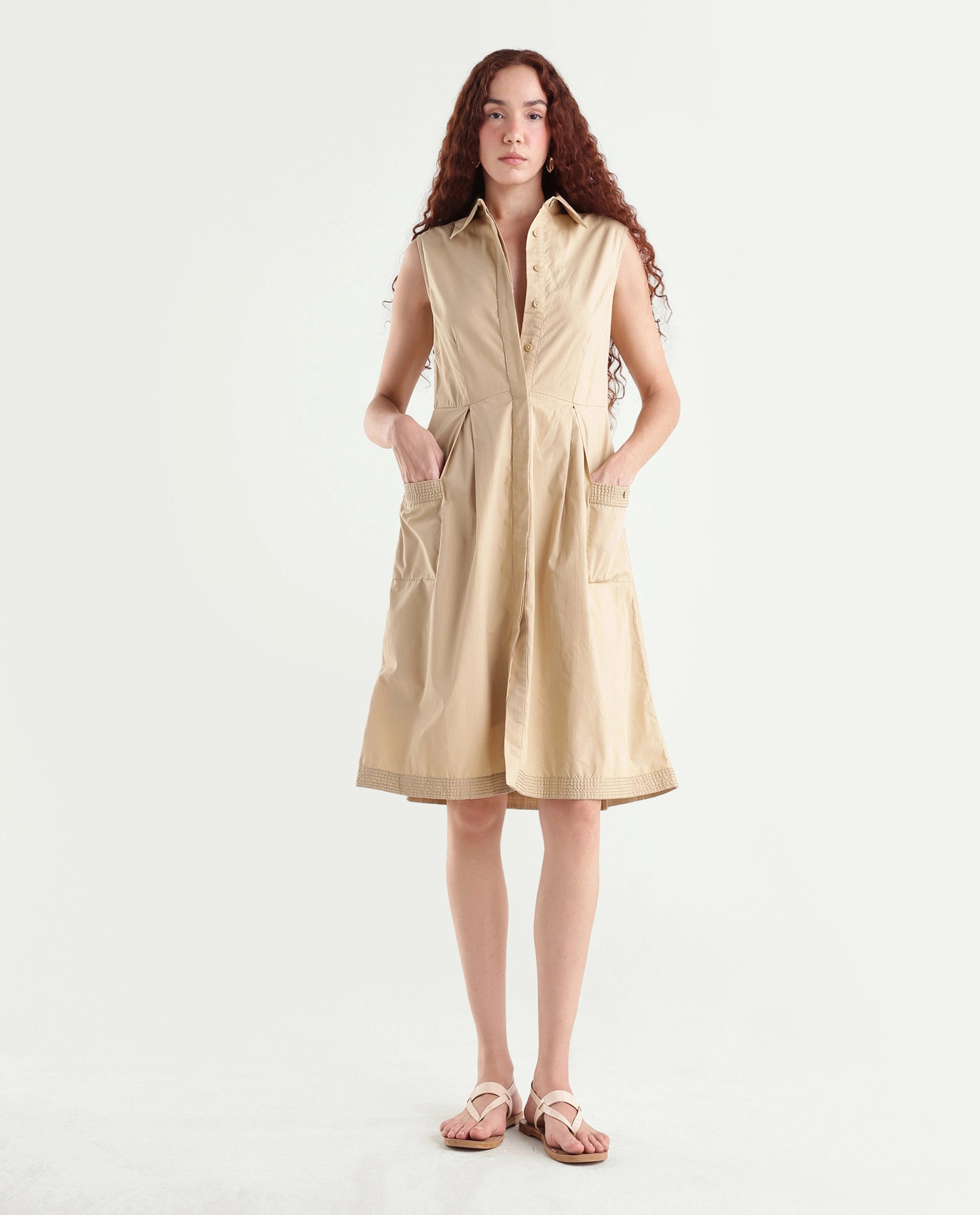 Rareism Women's Qba Light Sand Cotton Drop Collar Plain Sleeveless Midi A-Line Dress