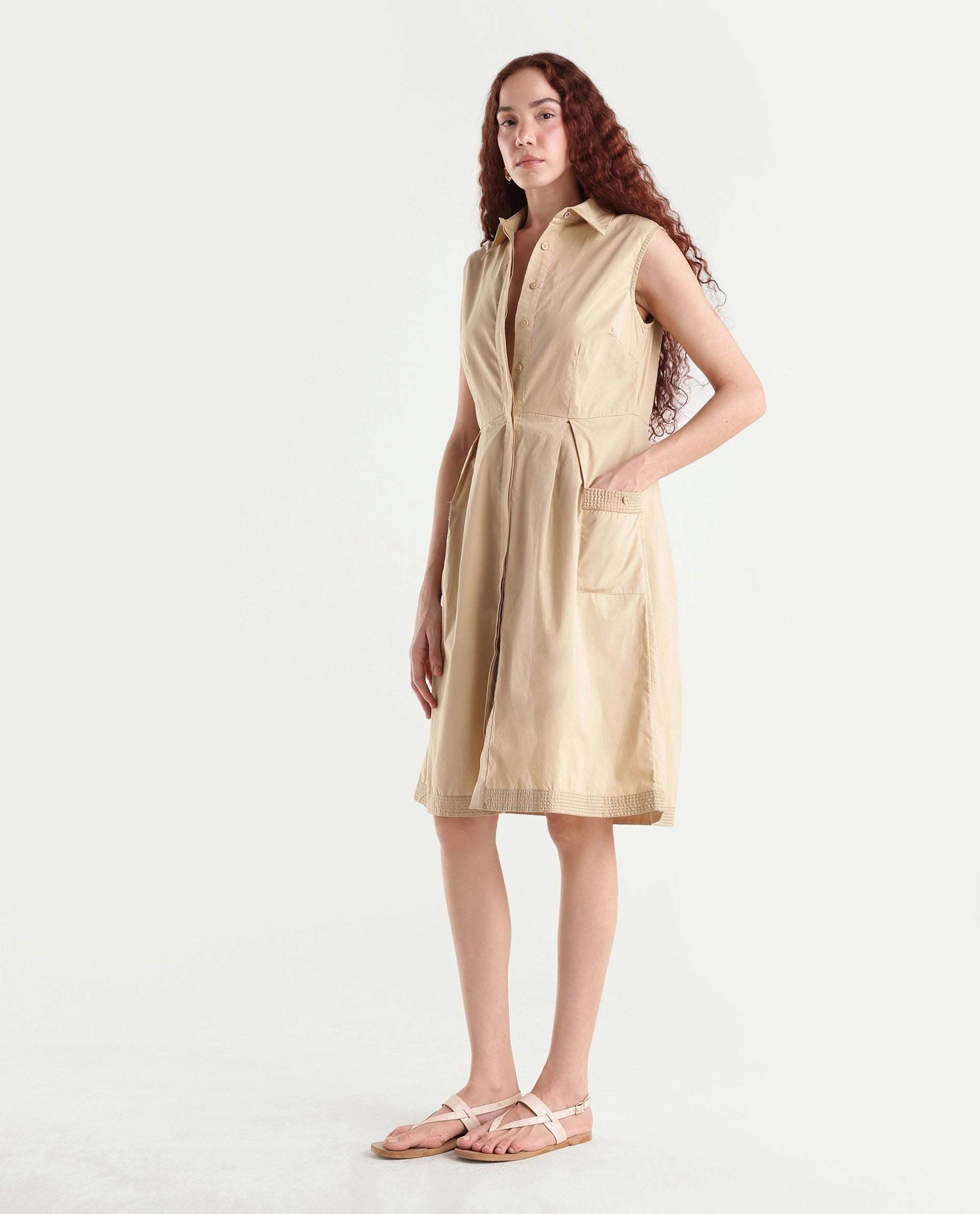 Rareism Women's Qba Light Sand Cotton Drop Collar Plain Sleeveless Midi A-Line Dress