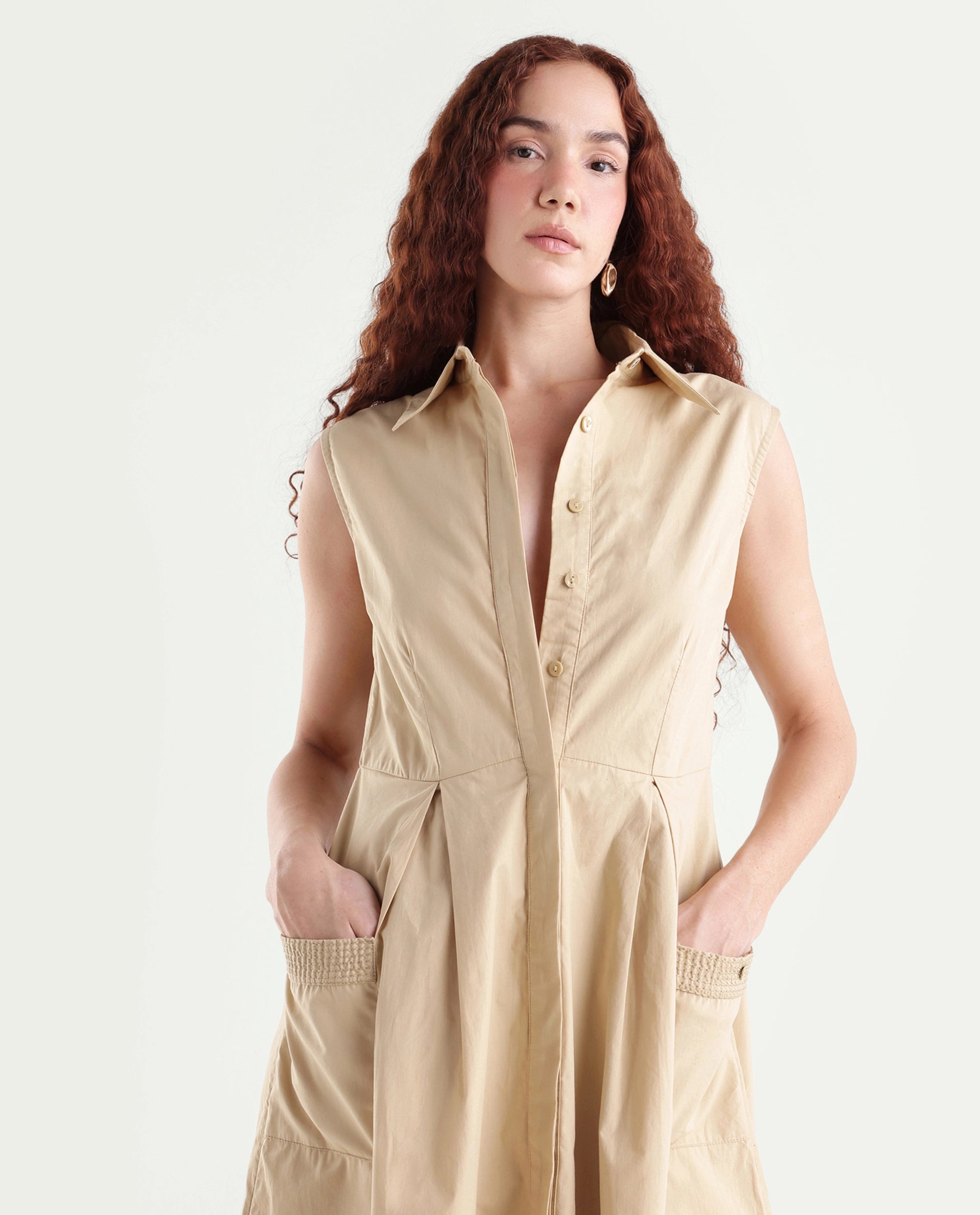 Rareism Women's Qba Light Sand Cotton Drop Collar Plain Sleeveless Midi A-Line Dress